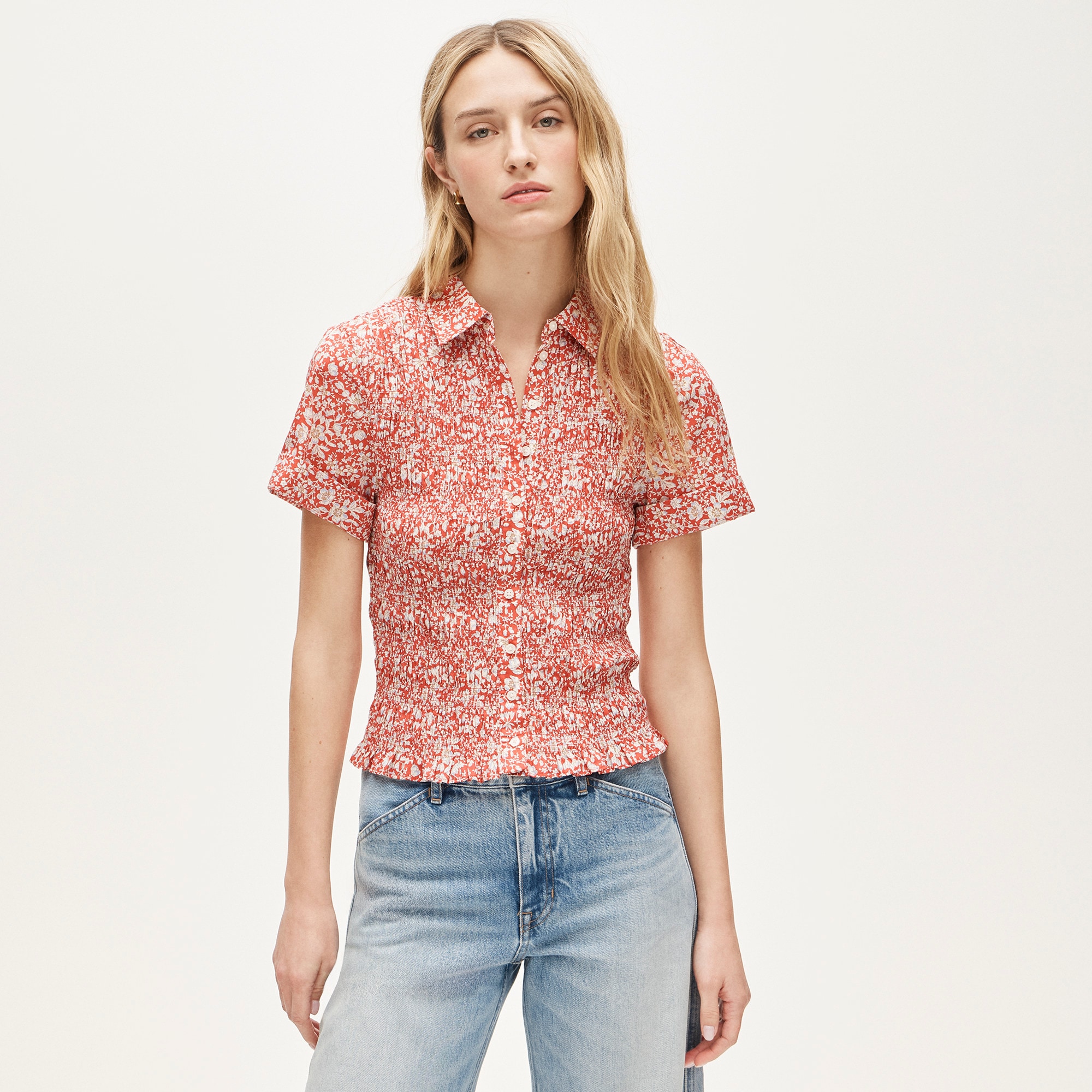 womens Smocked button-up short-sleeve shirt in floral print