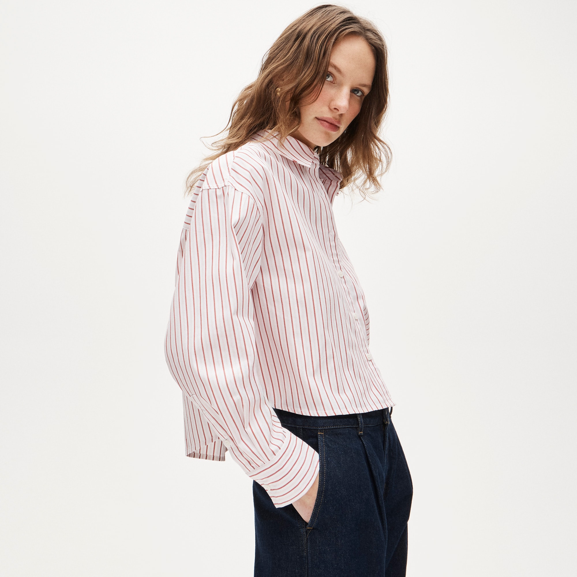 womens &Eacute;tienne cropped button-up shirt in striped cotton poplin