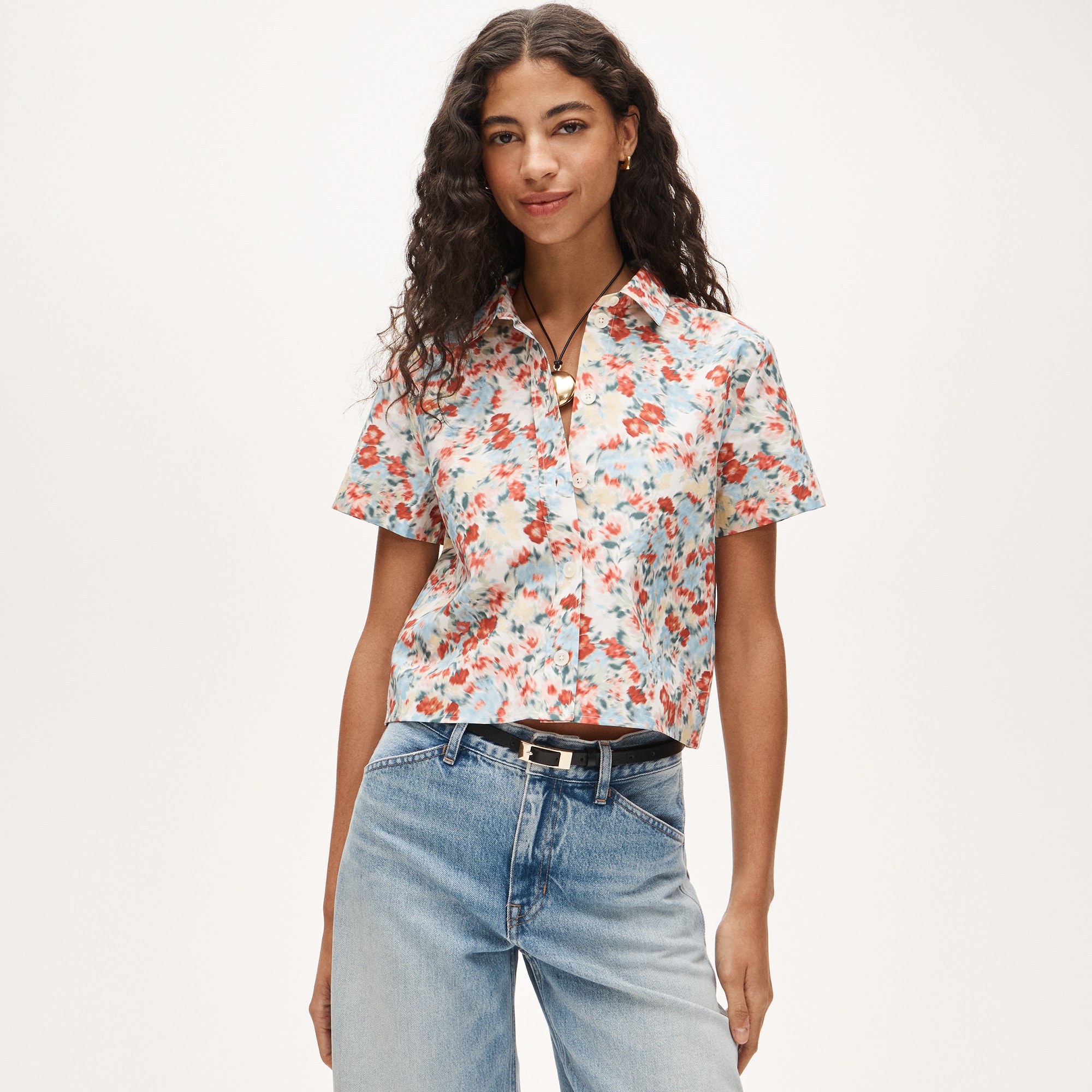 womens Gamine button-down shirt in blurred floral print