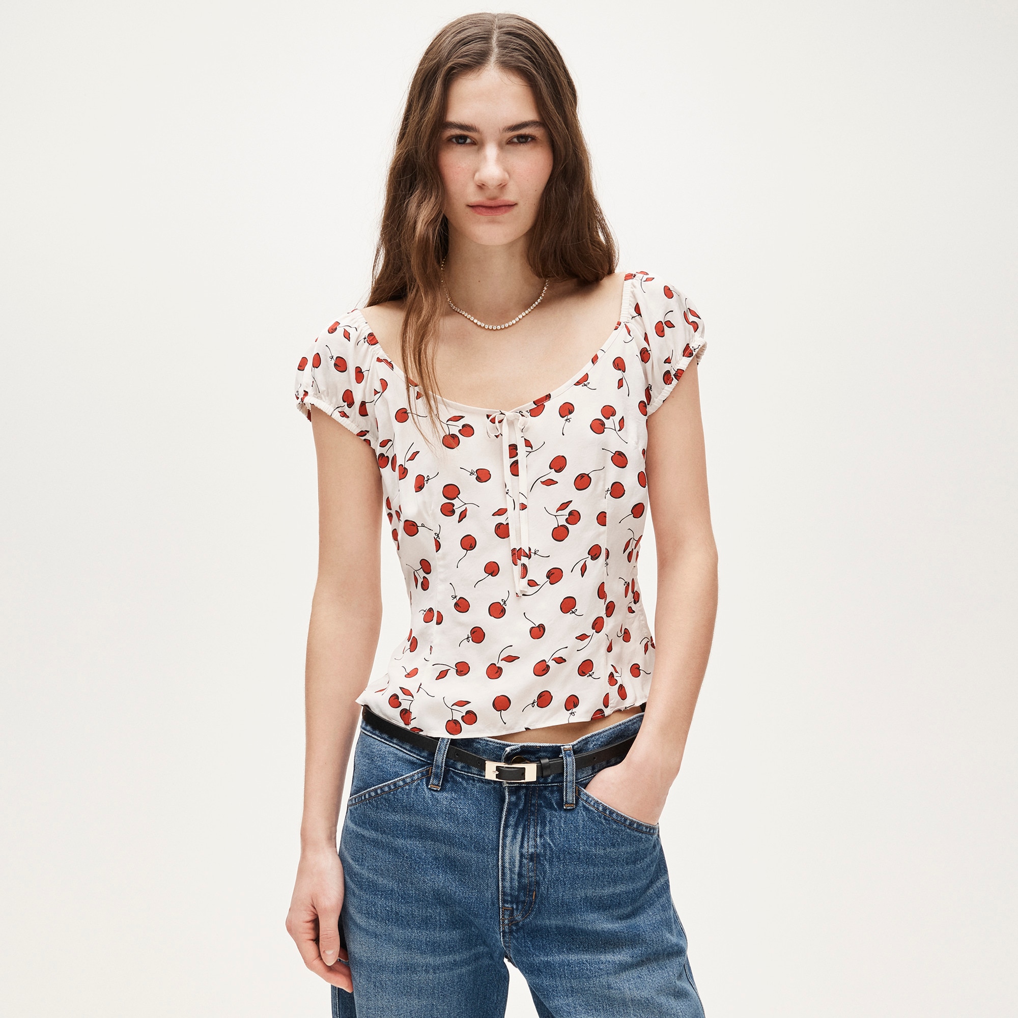 Cap-sleeve top in cherry print - image 2