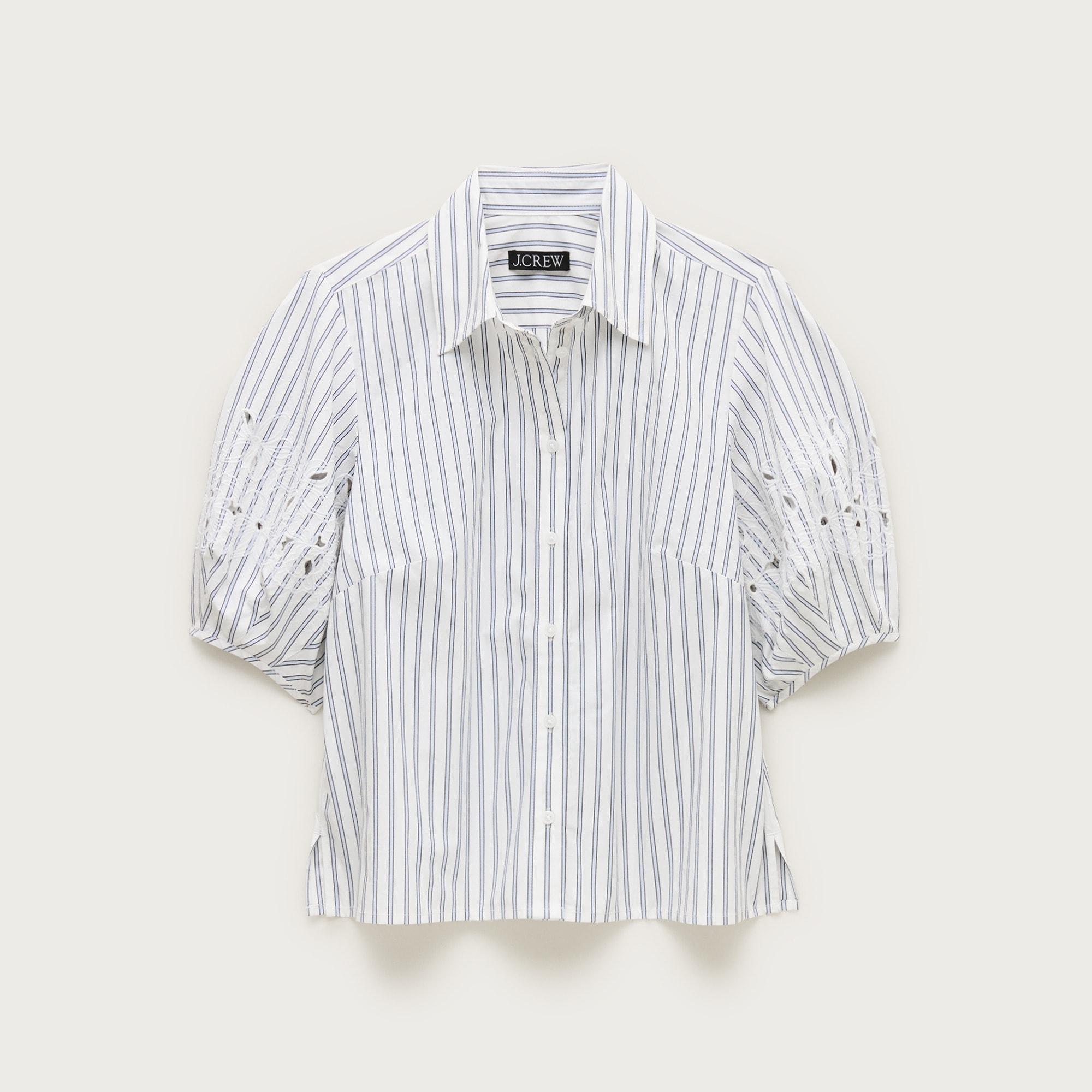 Eyelet puff-sleeve shirt in striped cotton poplin