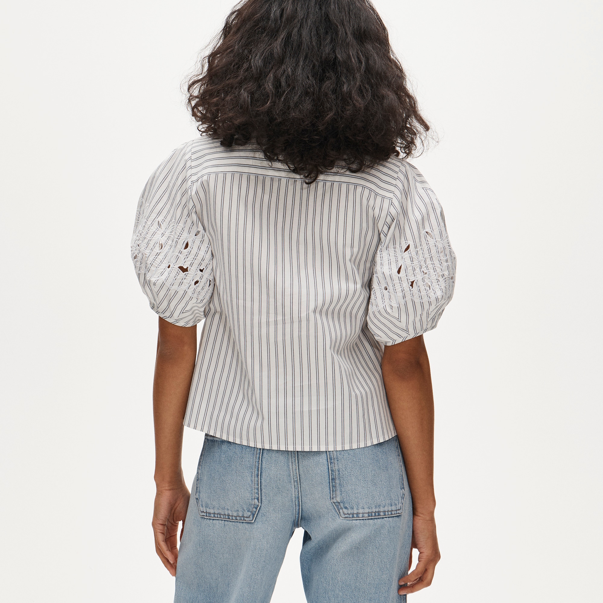 Eyelet puff-sleeve shirt in striped cotton poplin