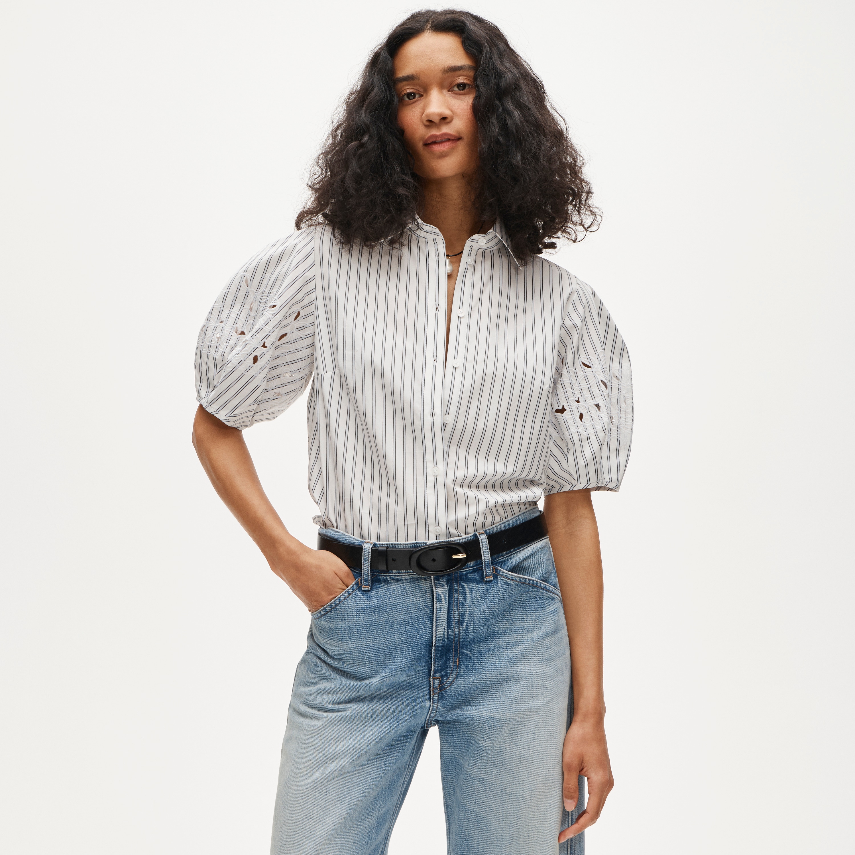 Eyelet Puff-sleeve Shirt In Striped Cotton Poplin For Women | J.Crew
