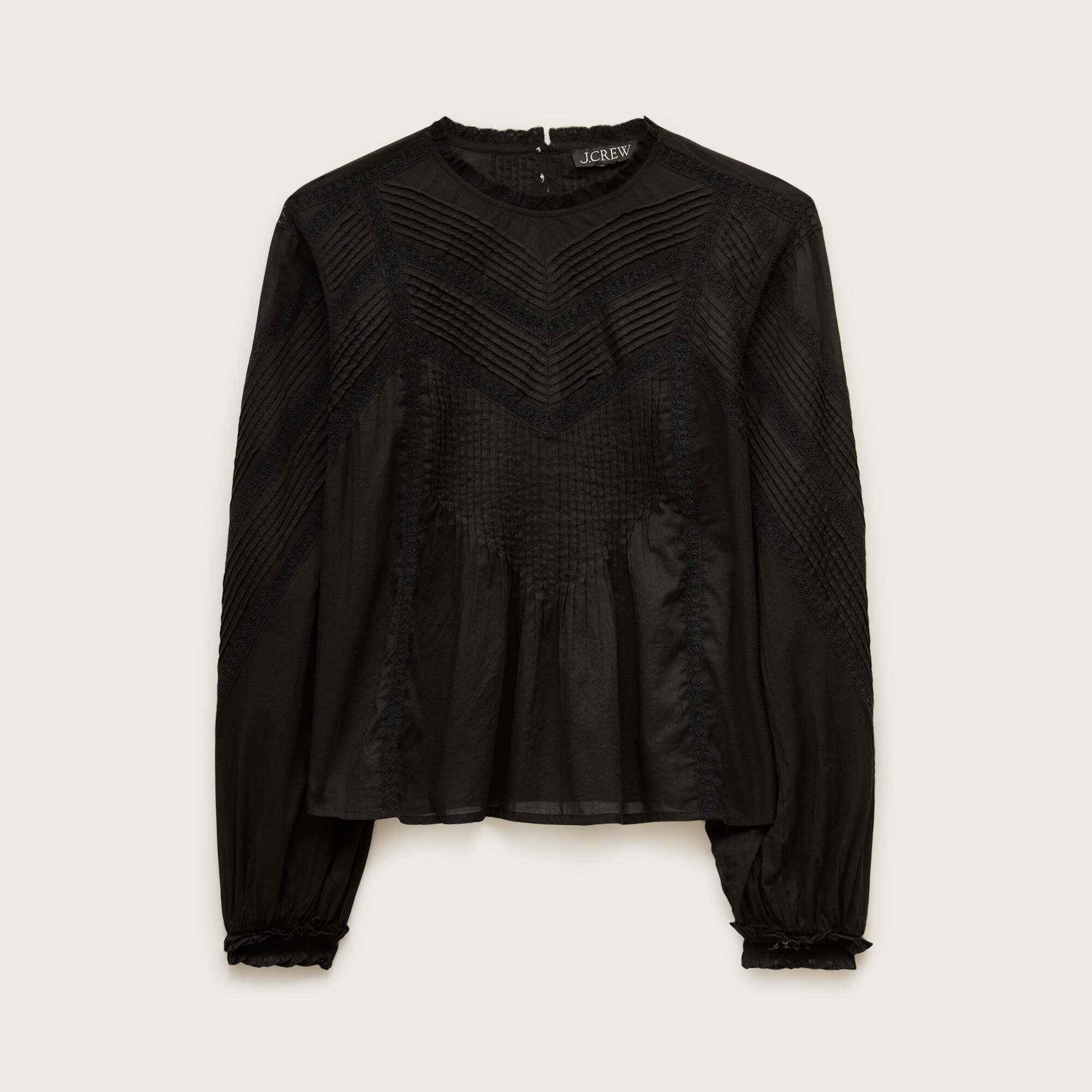 Lace-trim pintuck top in cotton voile