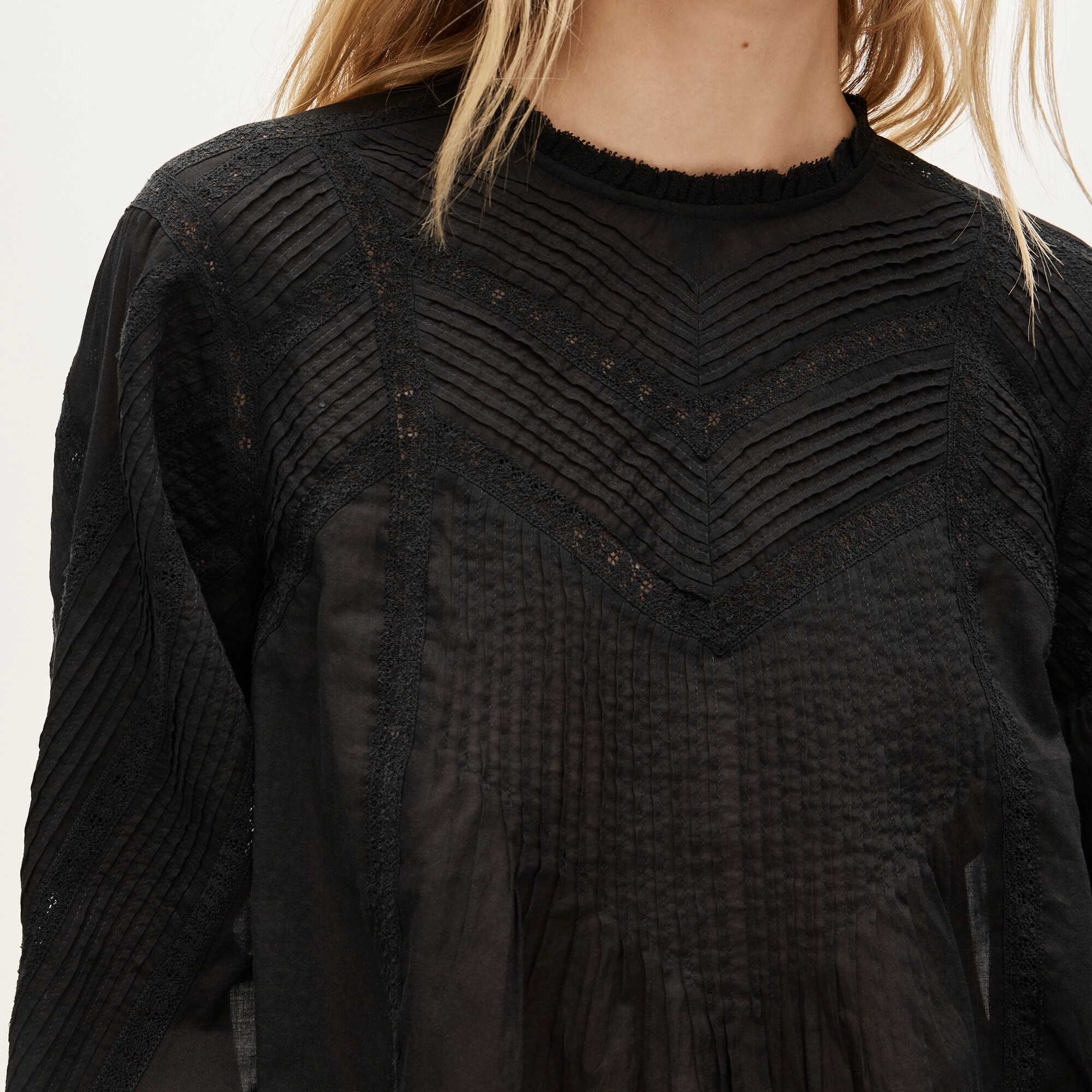 Lace-trim pintuck top in cotton voile