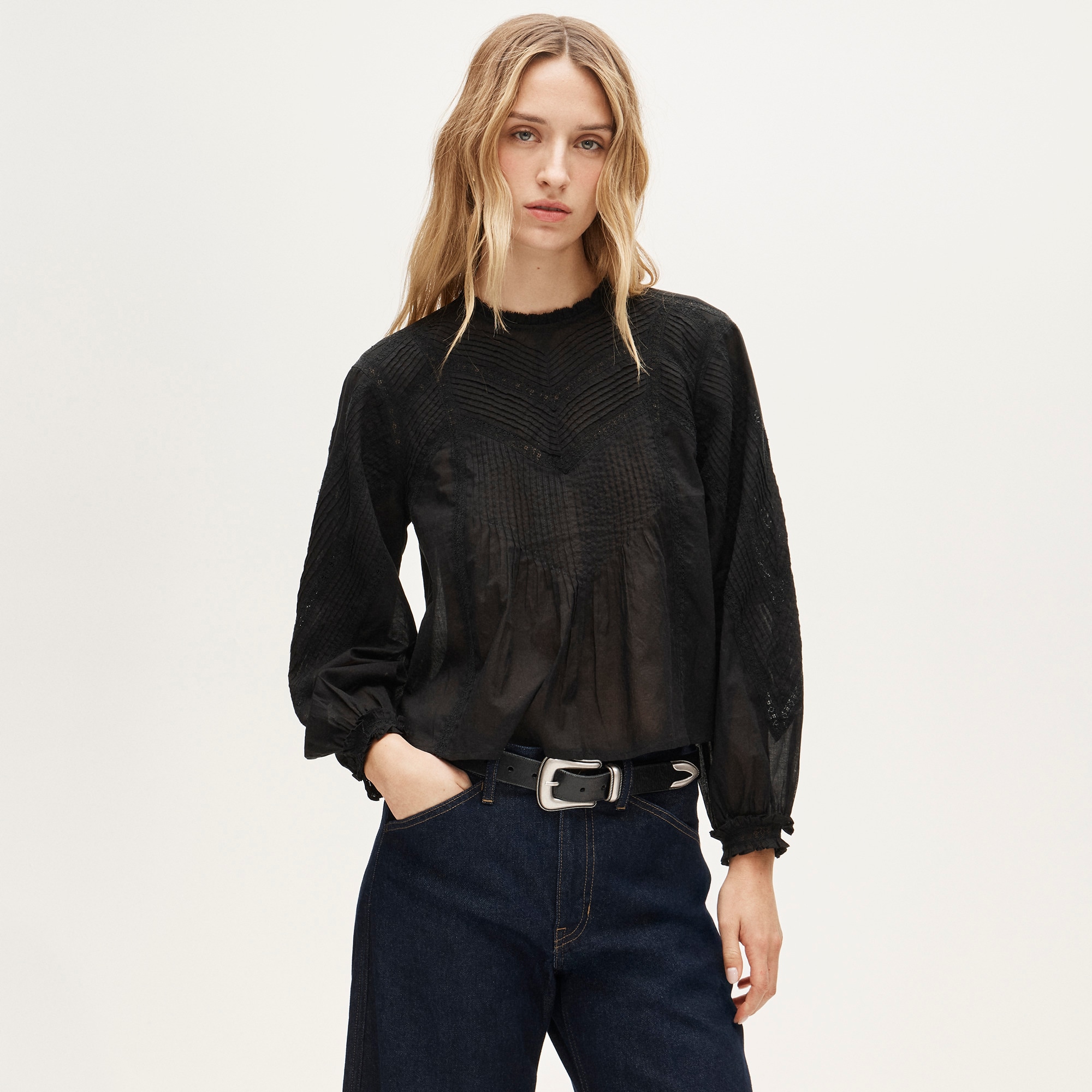 womens Lace-trim pintuck top in cotton voile