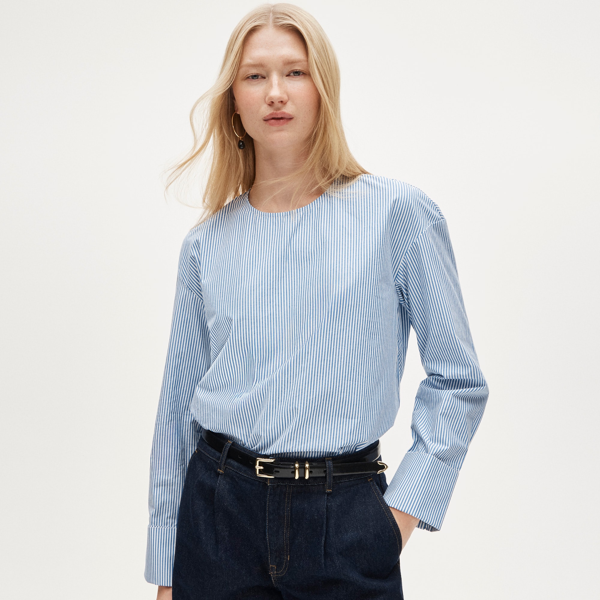 womens French-cuff shirt in striped cotton poplin