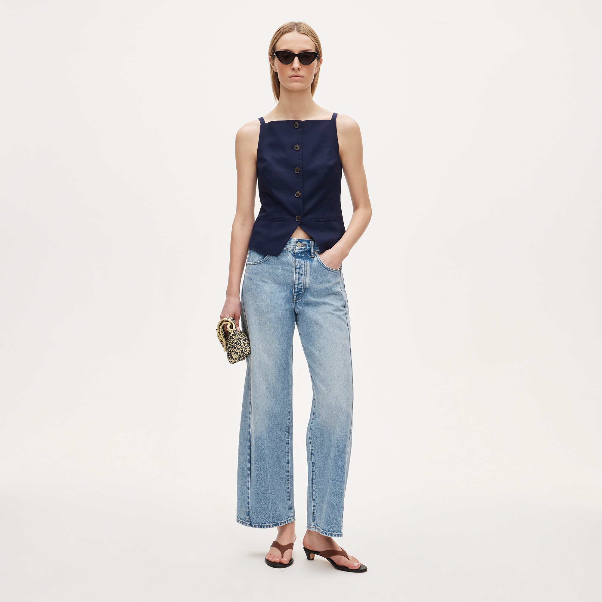 Button-up cutaway tank top in Gramercy linen blend