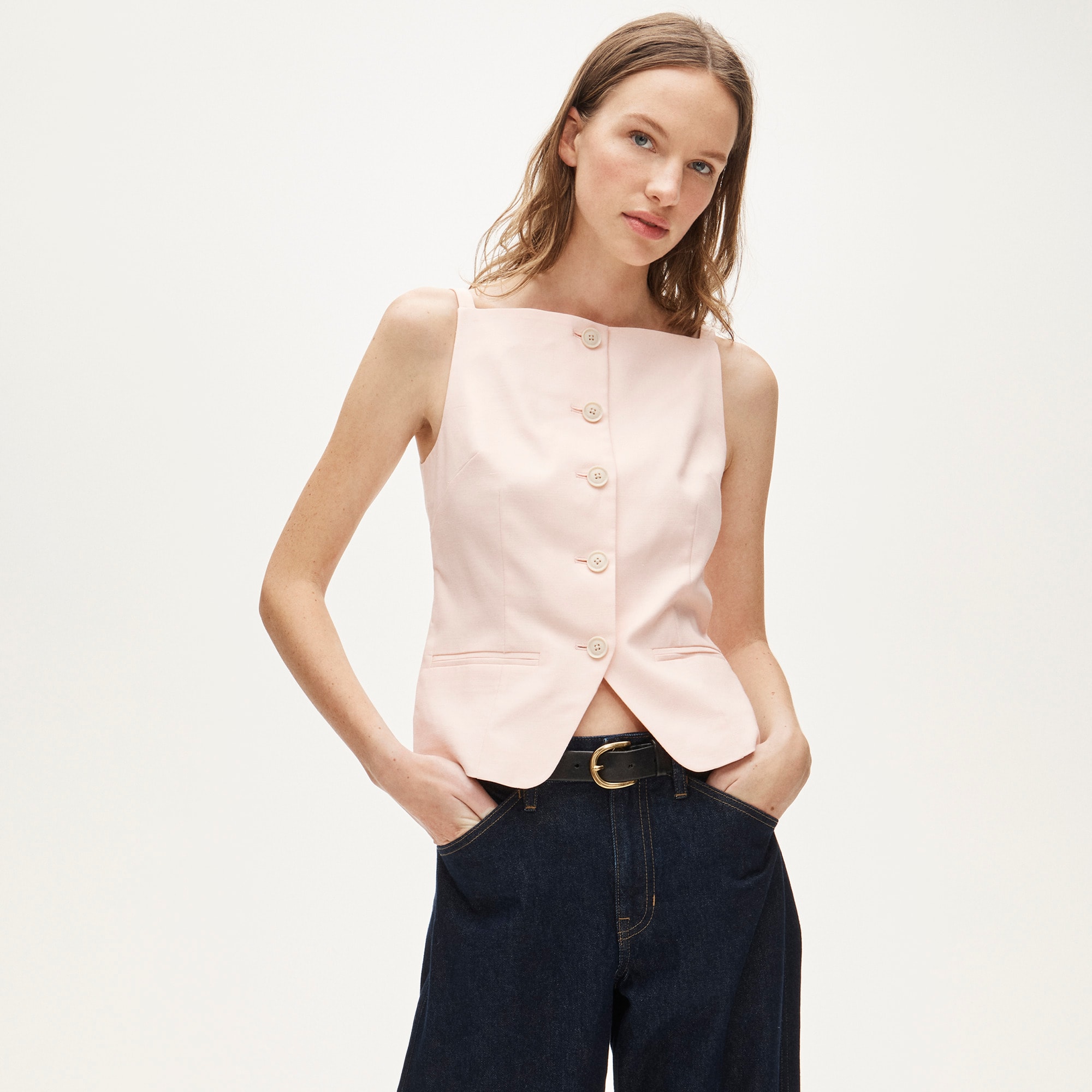  Button-up cutaway tank top in Gramercy linen blend