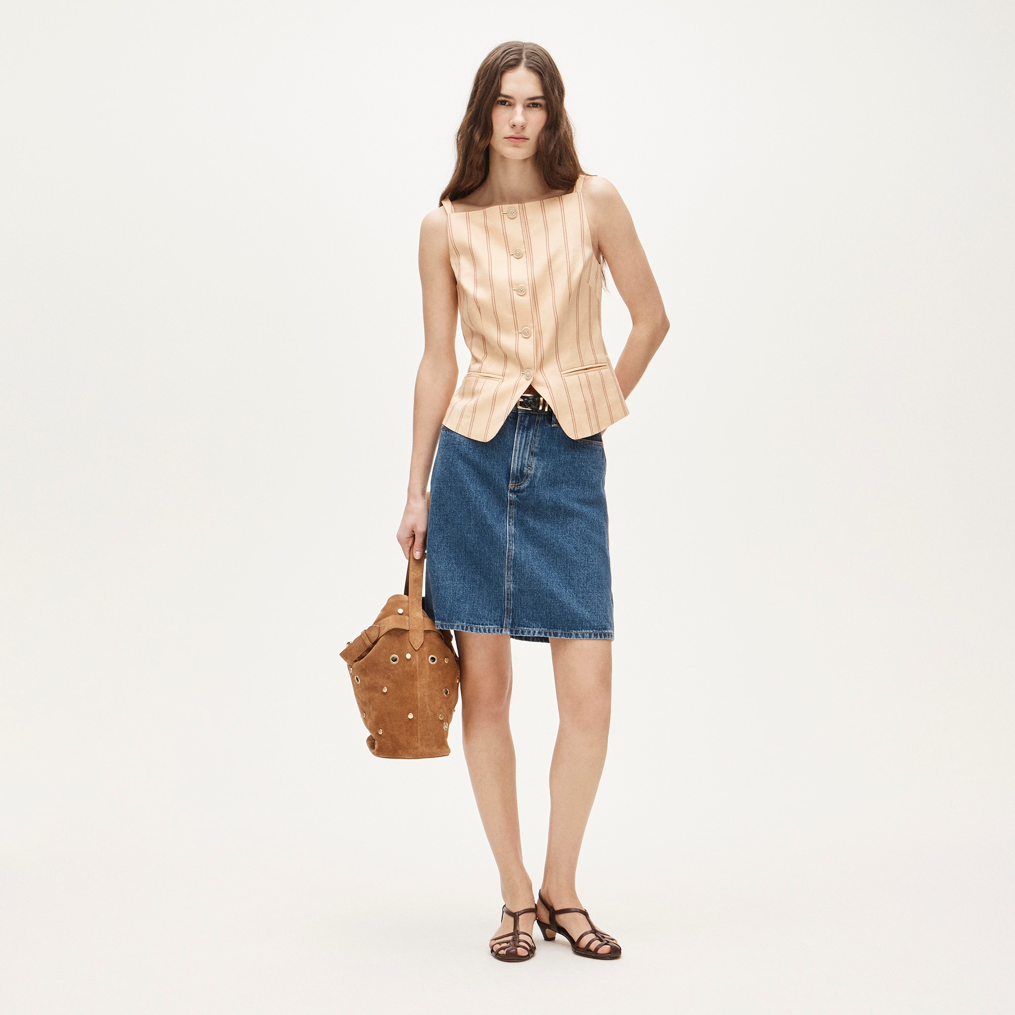 Button-up cutaway tank top in striped Gramercy linen blend