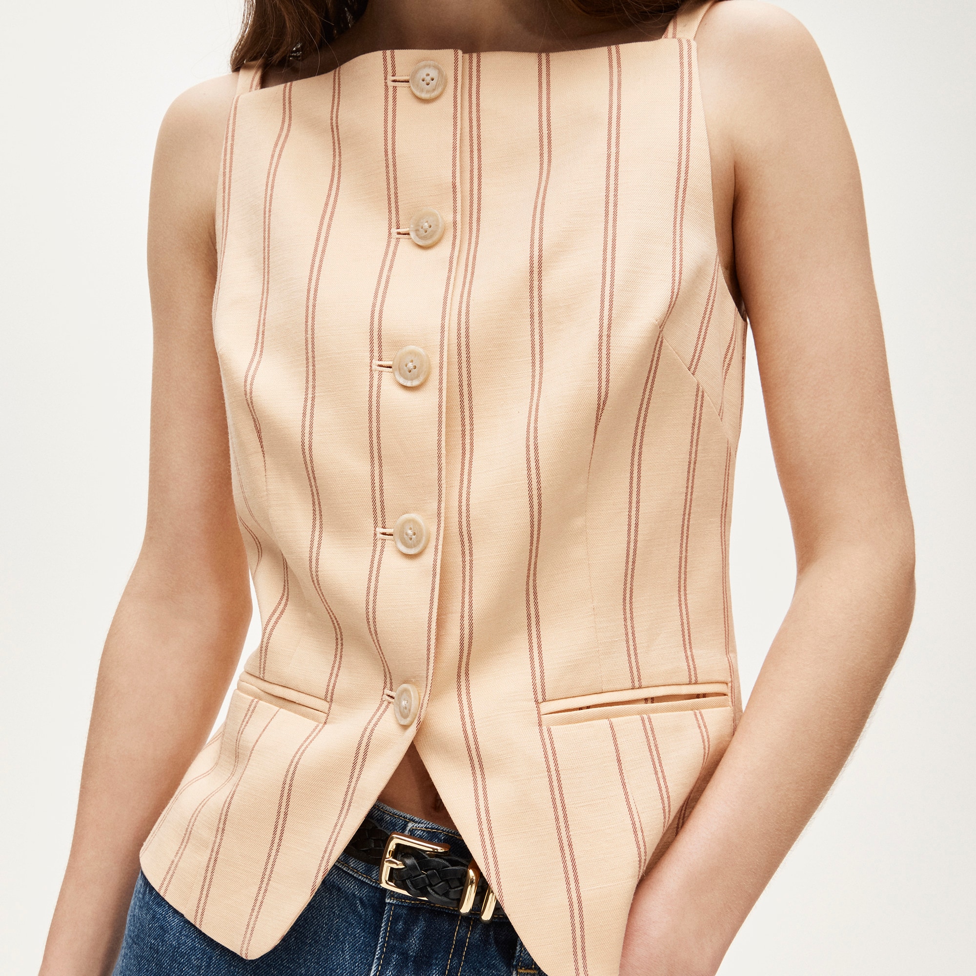 Button-up Cutaway Tank Top In Striped Gramercy Linen Blend For