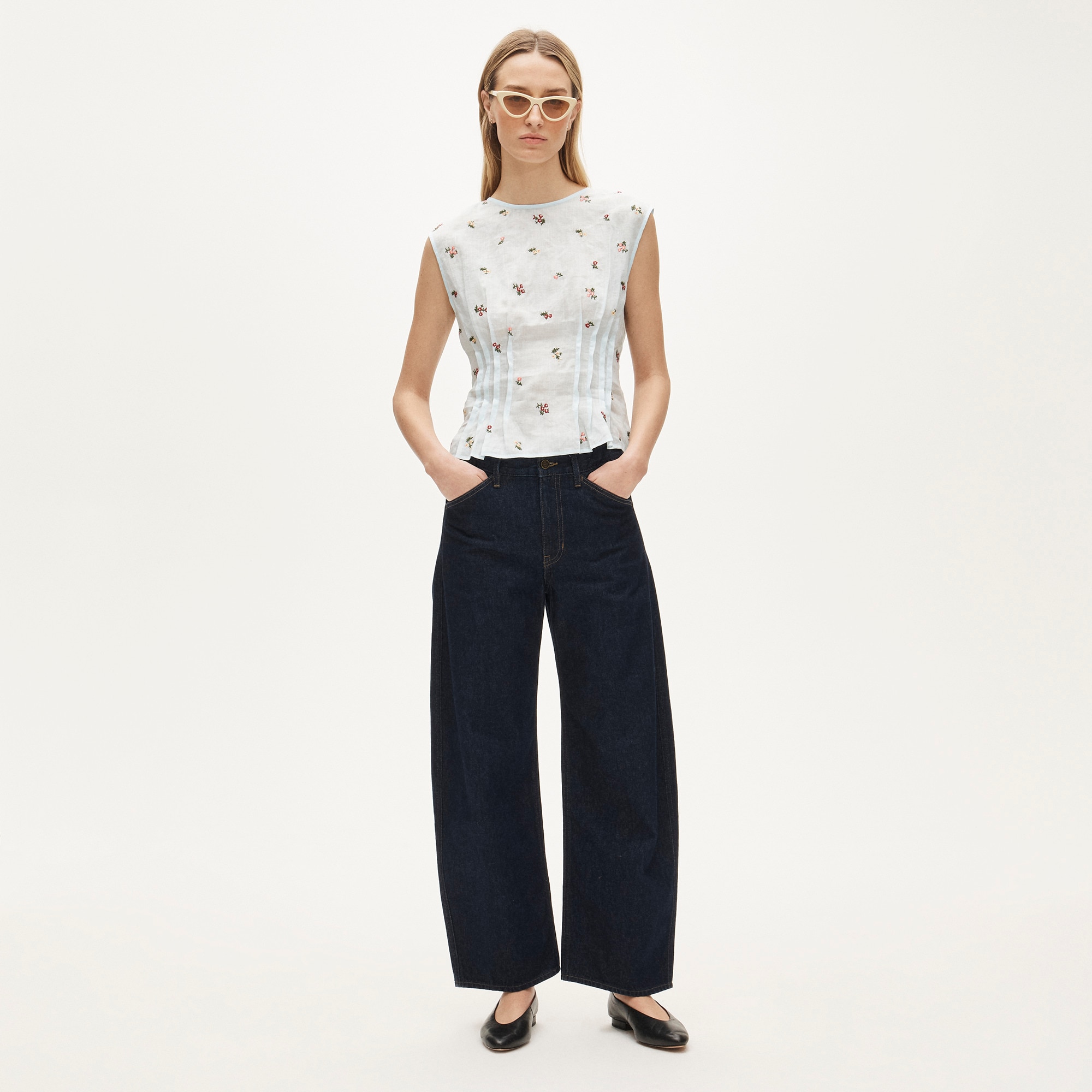 Pintuck shell top in ramie with embroidered florals - image 3