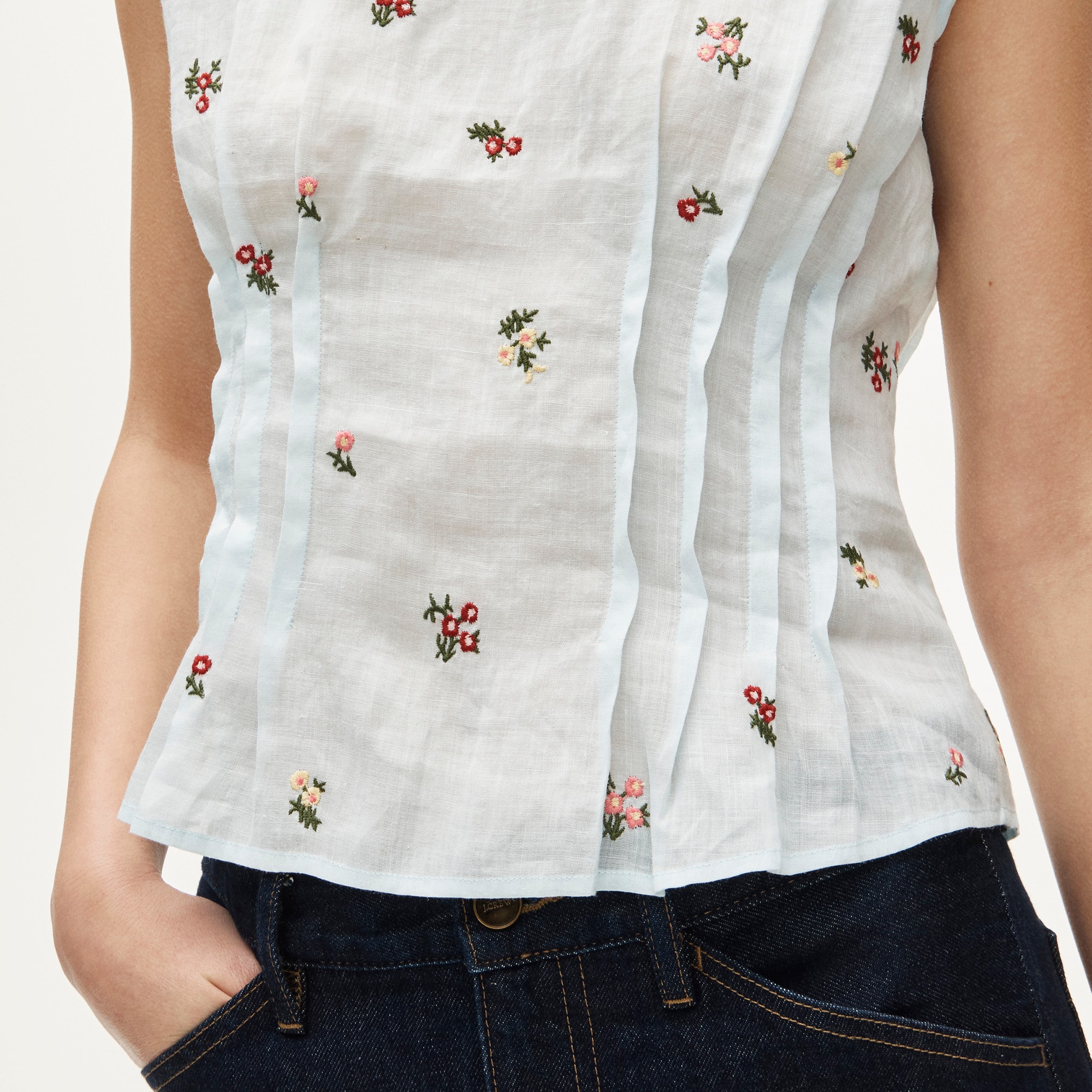 Pintuck shell top in ramie with embroidered florals - image 4