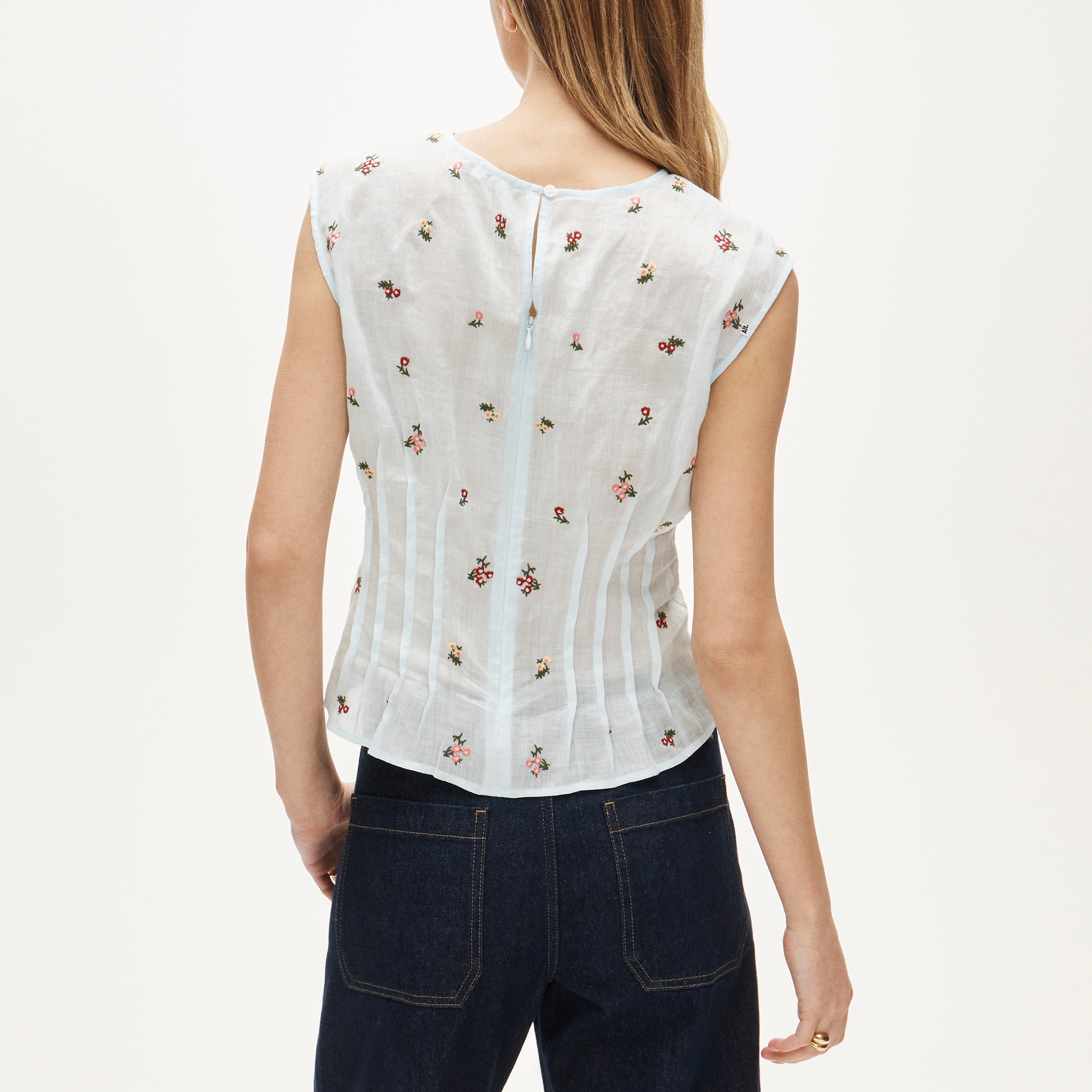 Pintuck shell top in ramie with embroidered florals - image 5