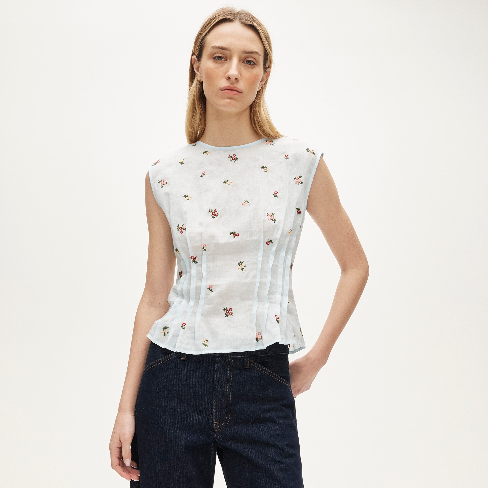 Pintuck shell top in ramie with embroidered florals - image 2