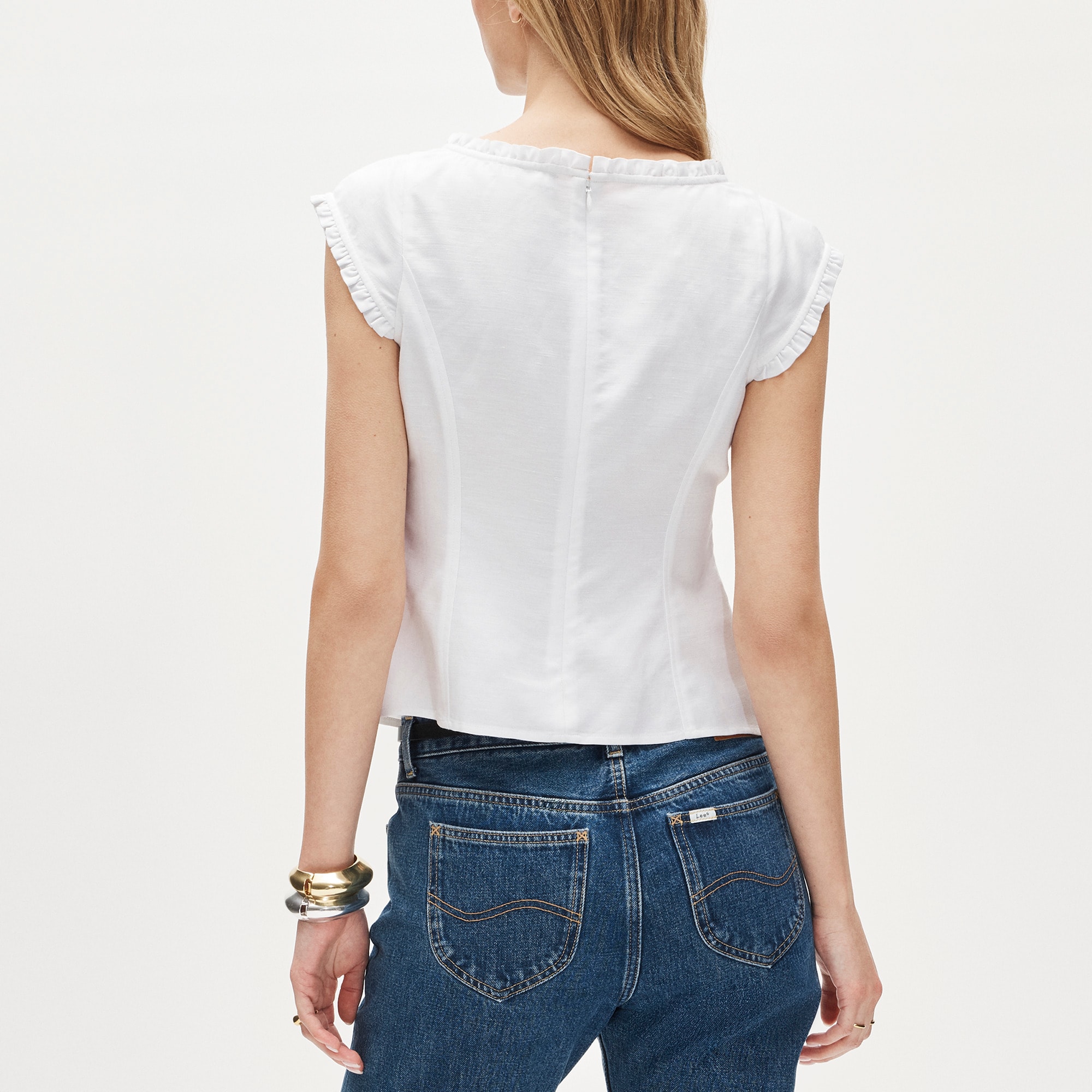 Ruffle-trim top in Gramercy linen blend