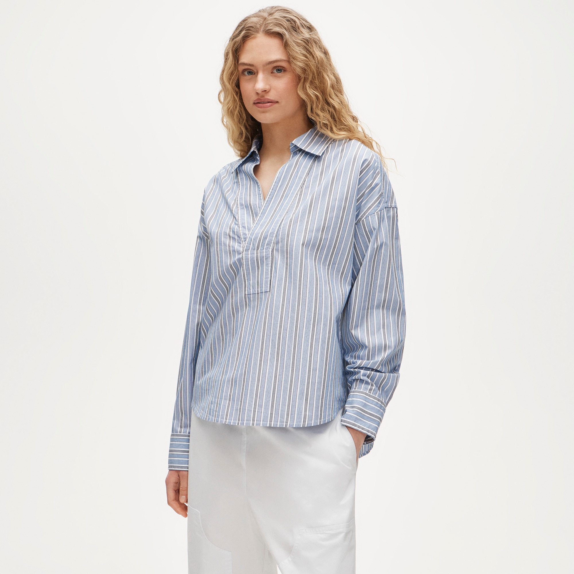 V-neck Popover Shirt In Striped Cotton Poplin For Women | J.Crew