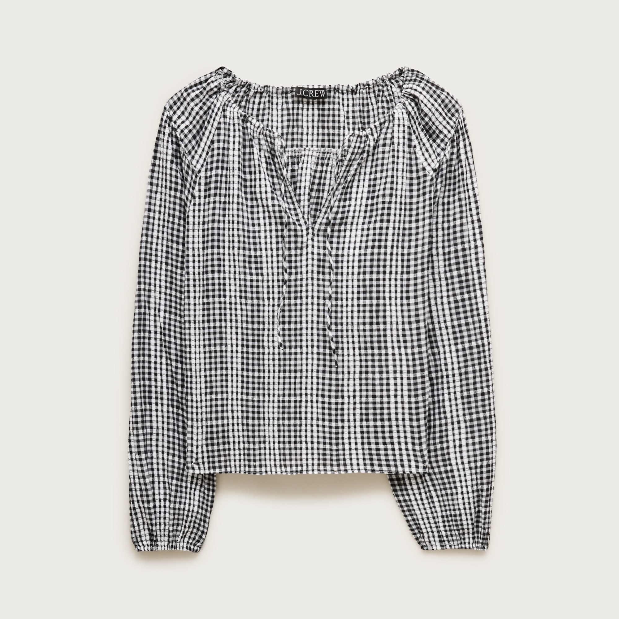 Tie-front popover top in gingham seersucker