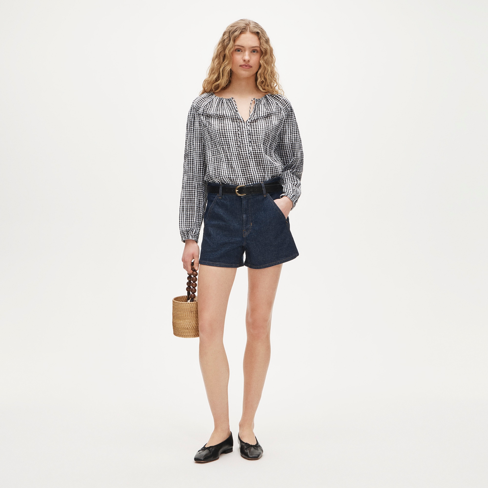 Tie-front popover top in gingham seersucker - image 3