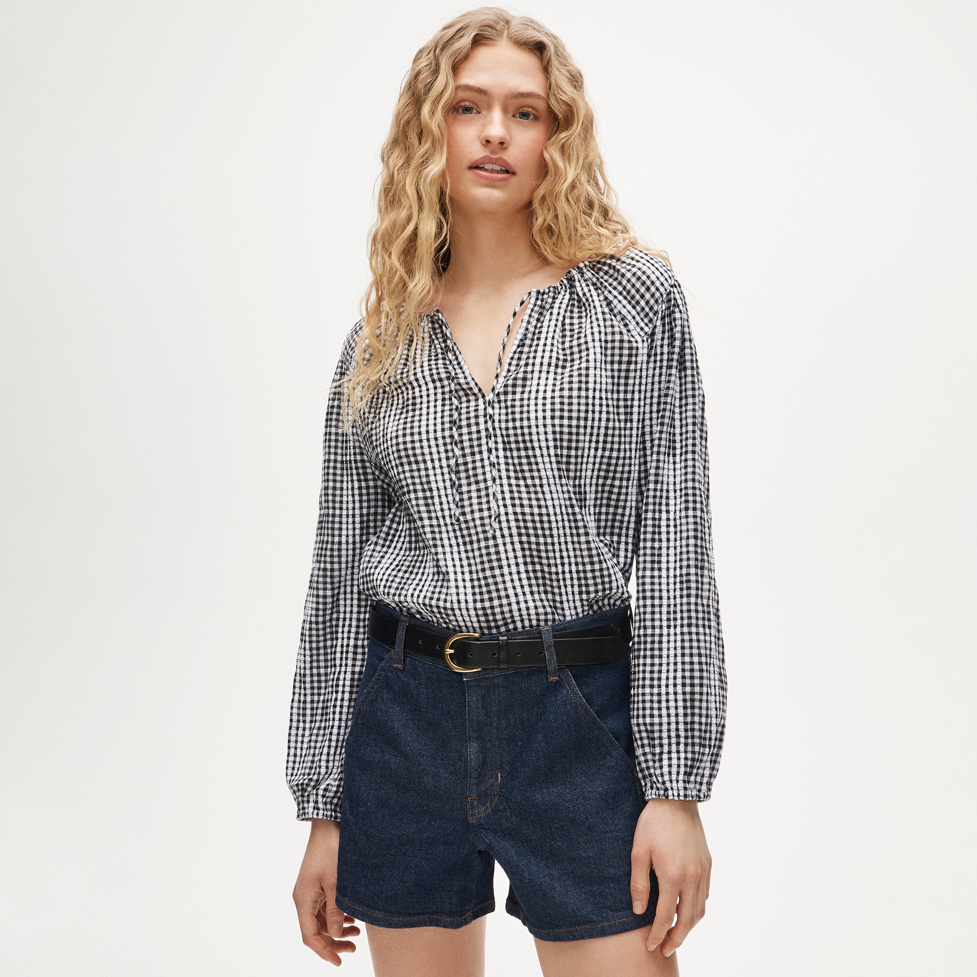 Tie-front popover top in gingham seersucker - image 2