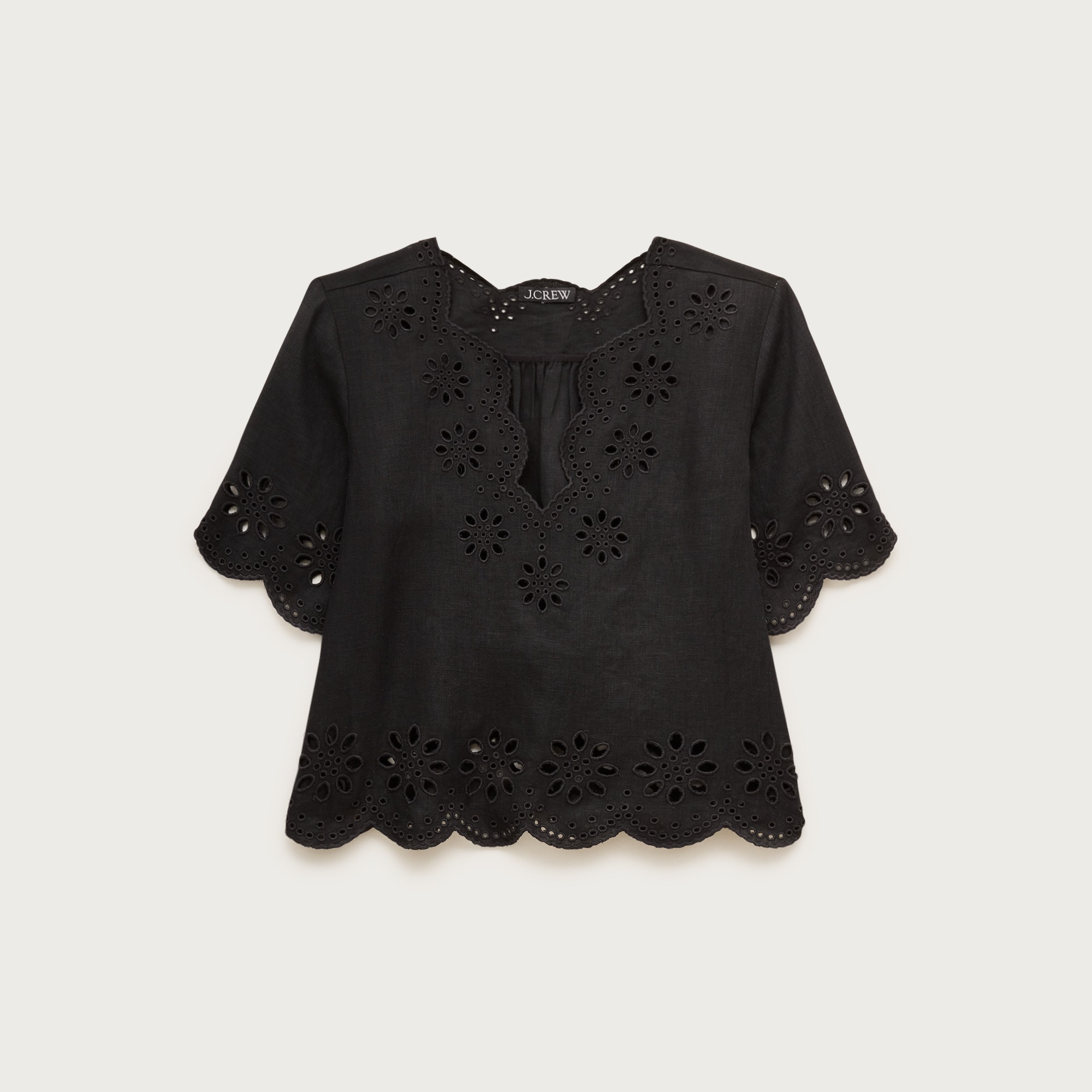 Embroidered eyelet top in linen