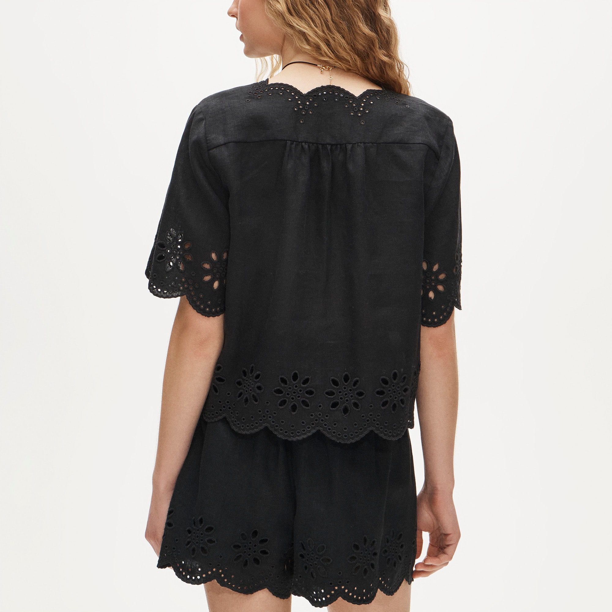 Embroidered eyelet top in linen