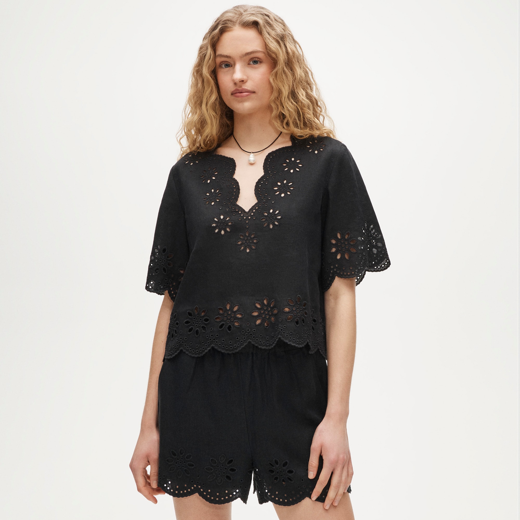 Embroidered eyelet top in linen