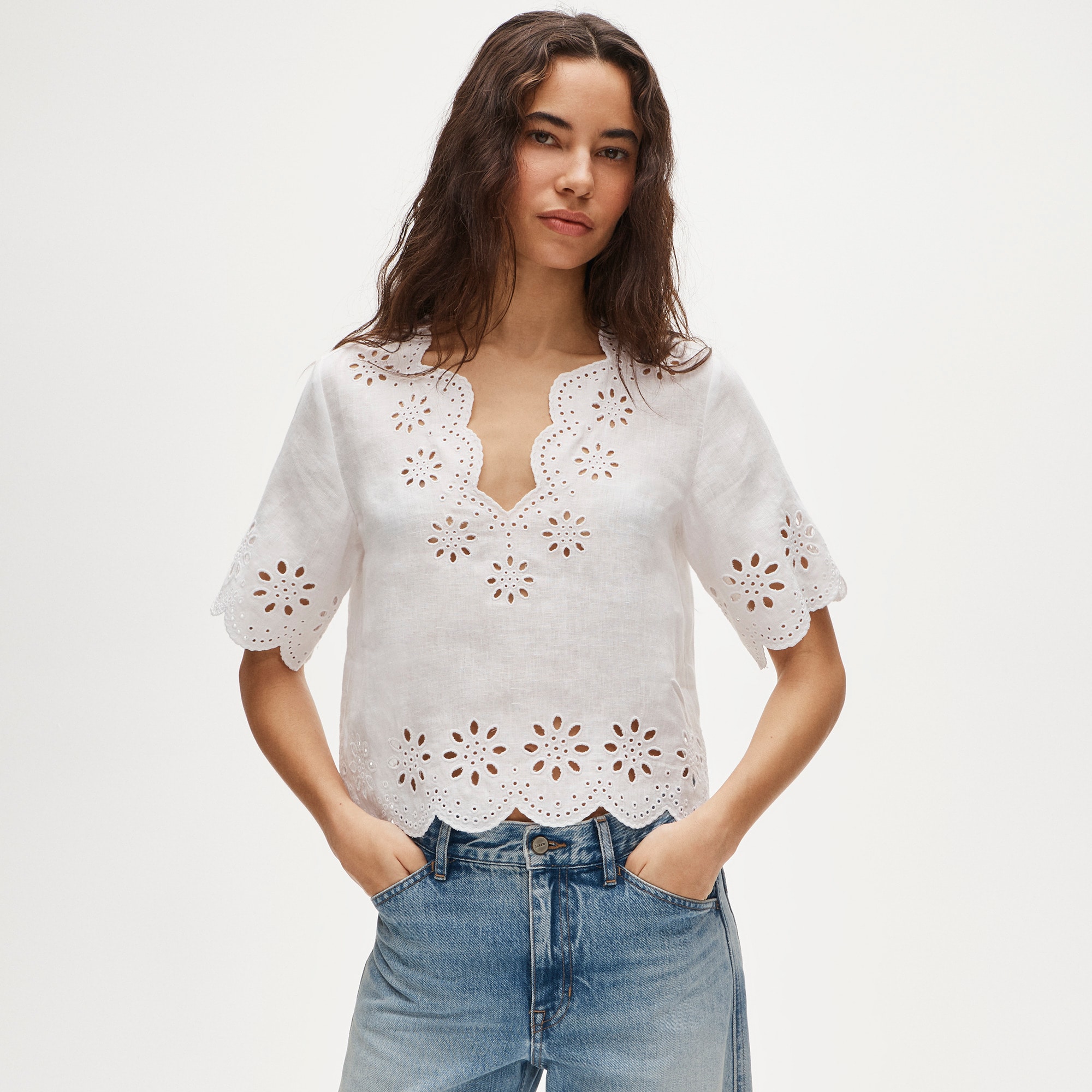 Embroidered eyelet top in linen