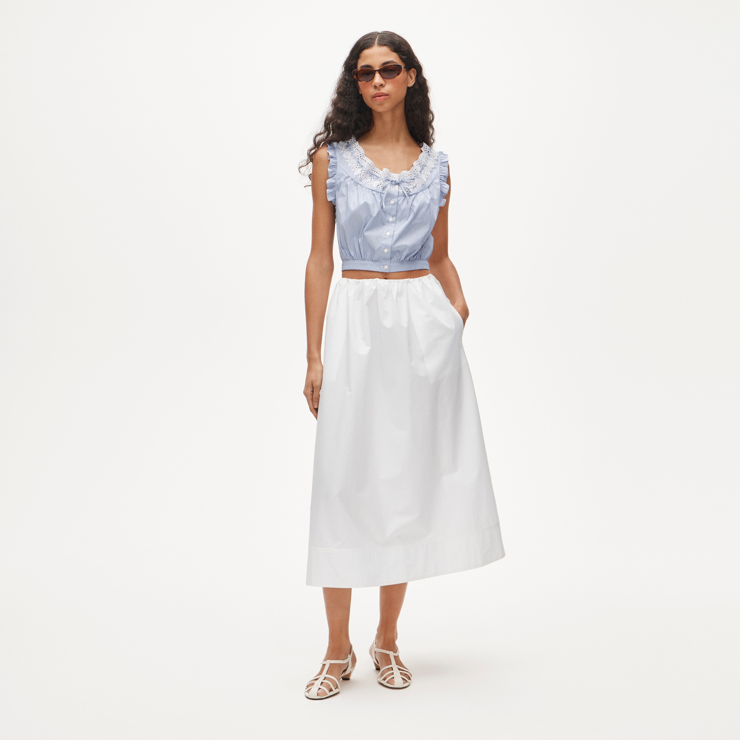 Embroidered ruffle-trim cropped tank top