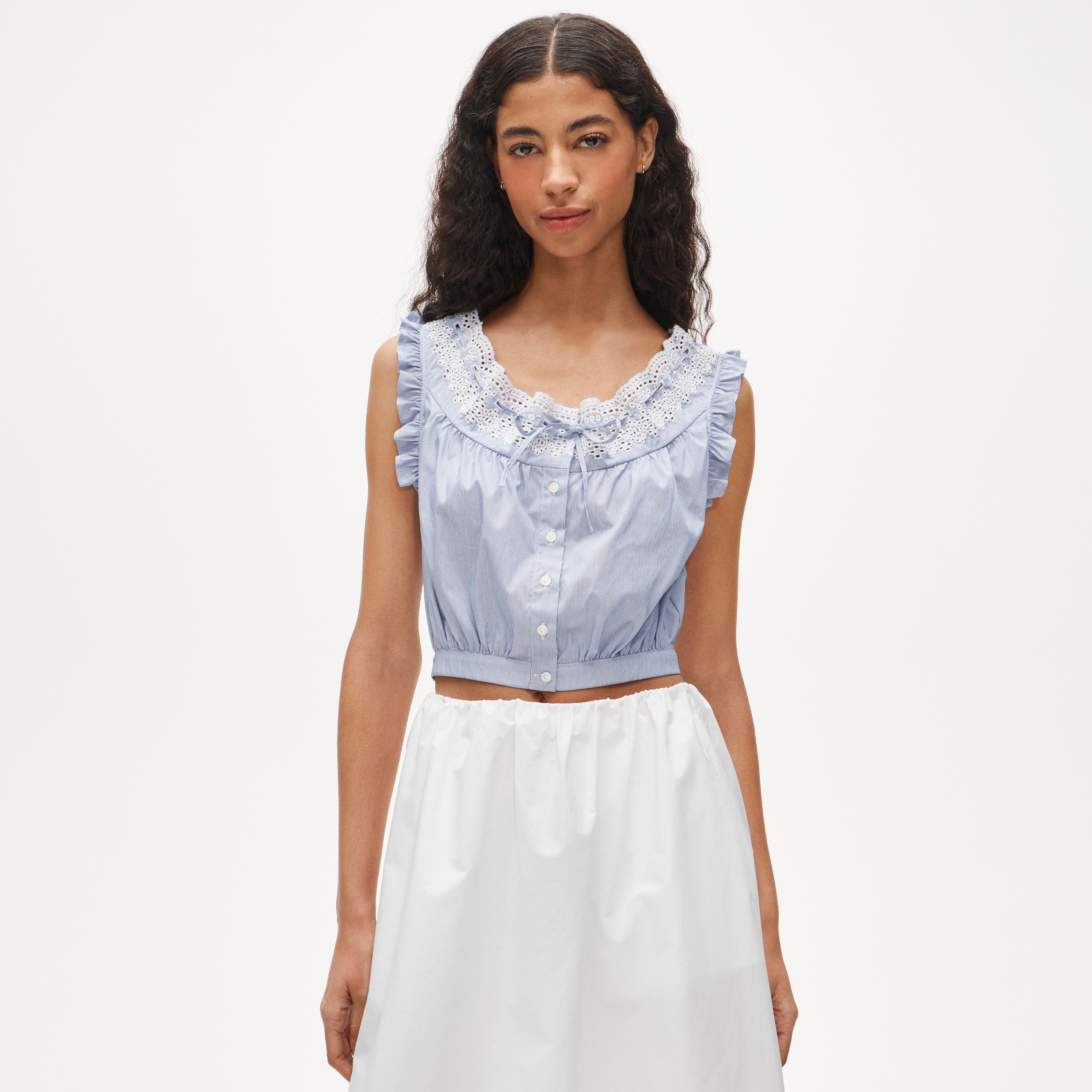 トップス c... Embroidered Ruffle-trim Cropped Tank Top For Women | J.Crew