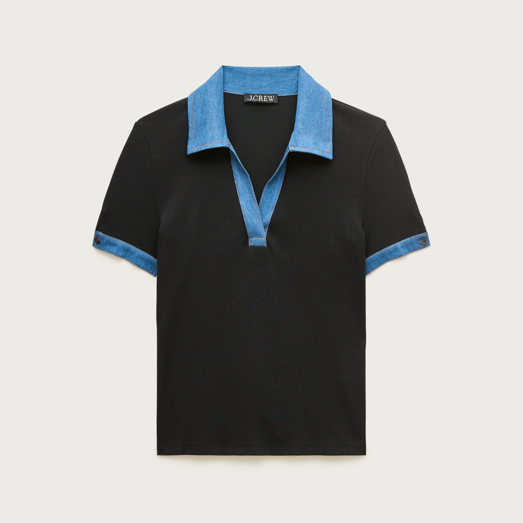 Perfect rib johnny-collar top with denim trim
