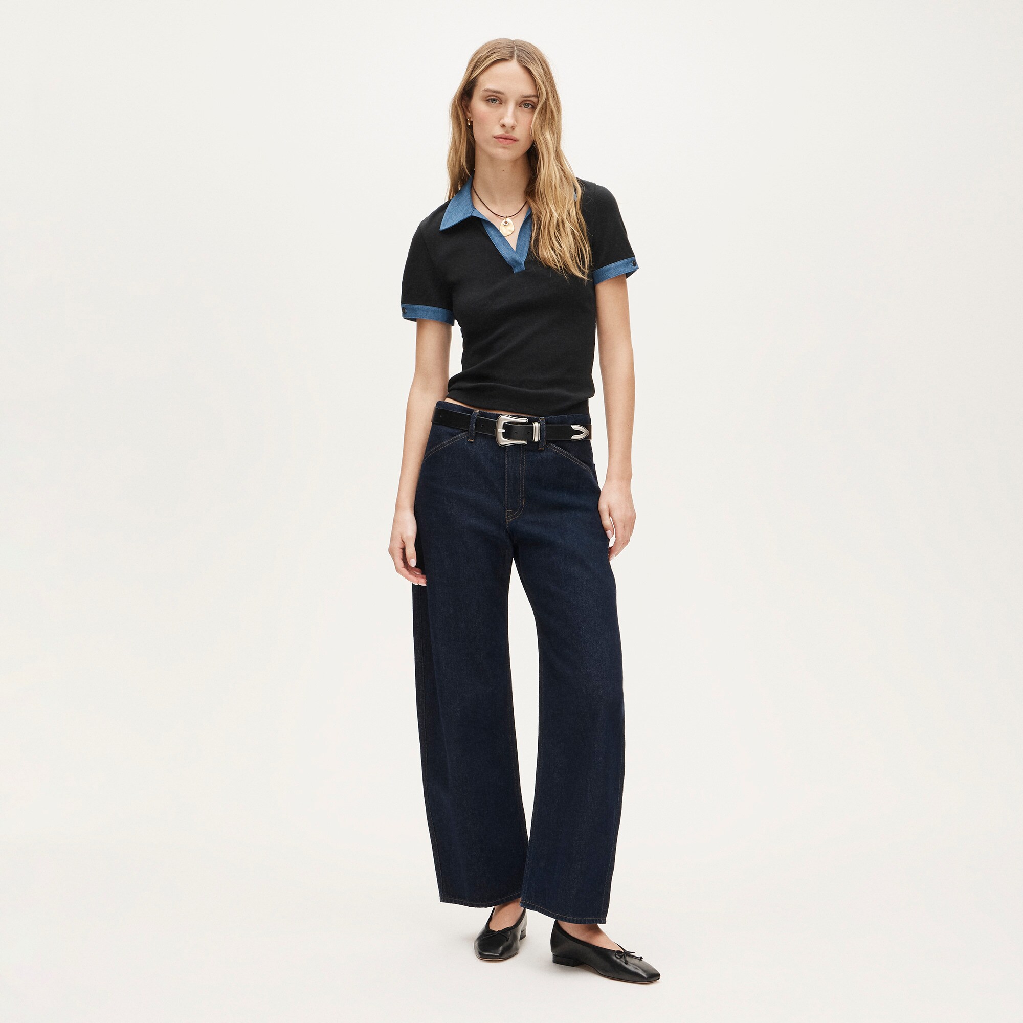 Perfect rib johnny-collar top with denim trim