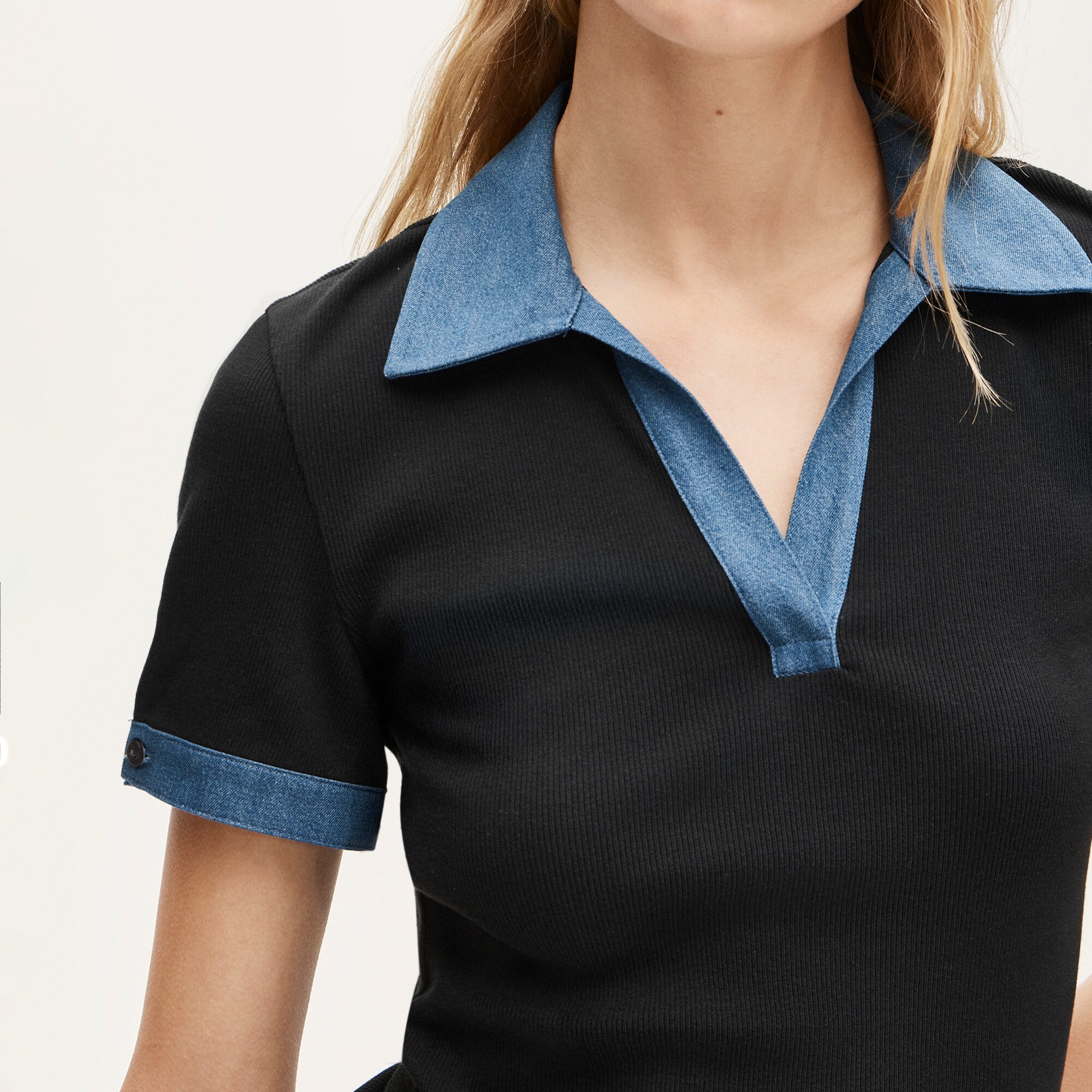 Perfect rib johnny-collar top with denim trim
