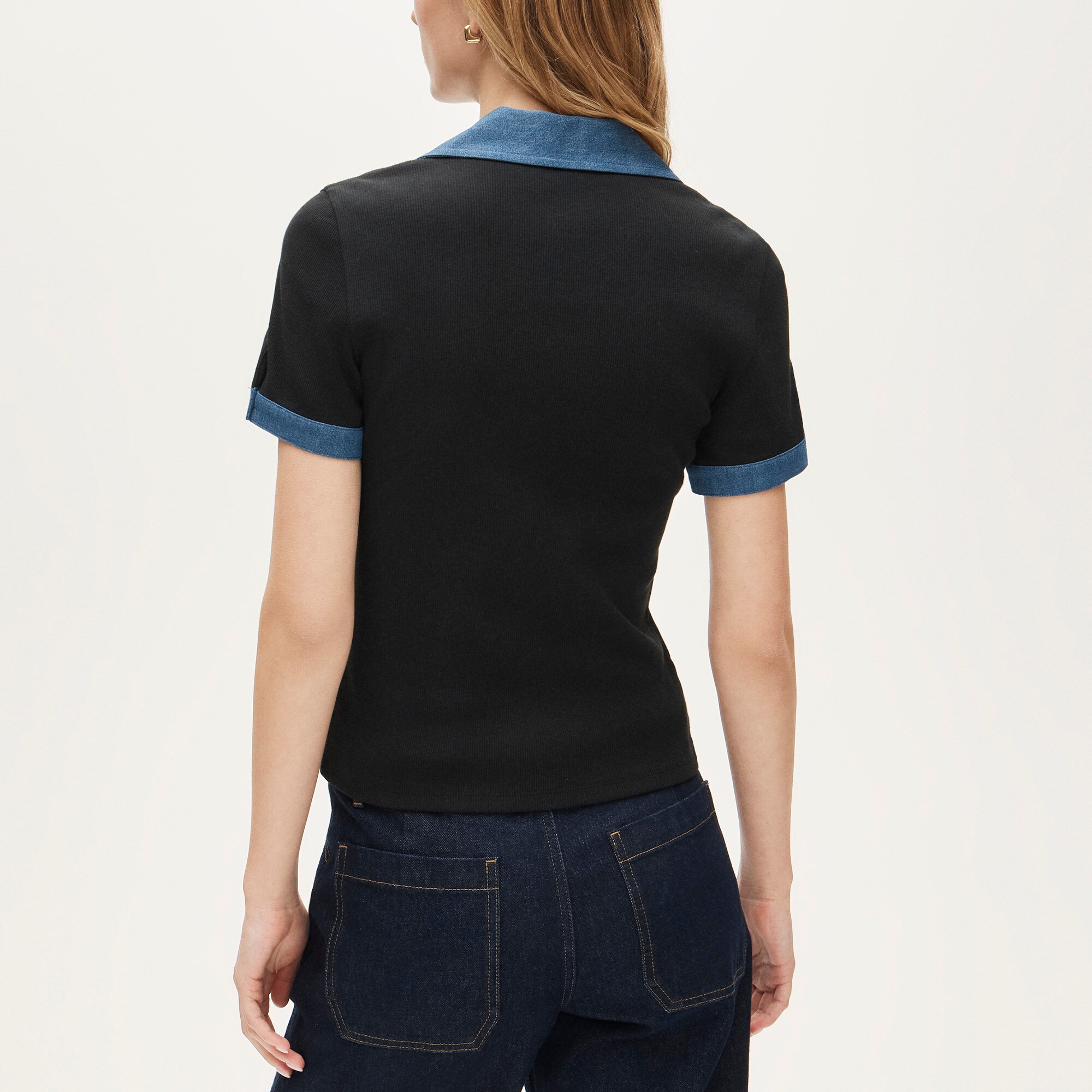 Perfect rib johnny-collar top with denim trim