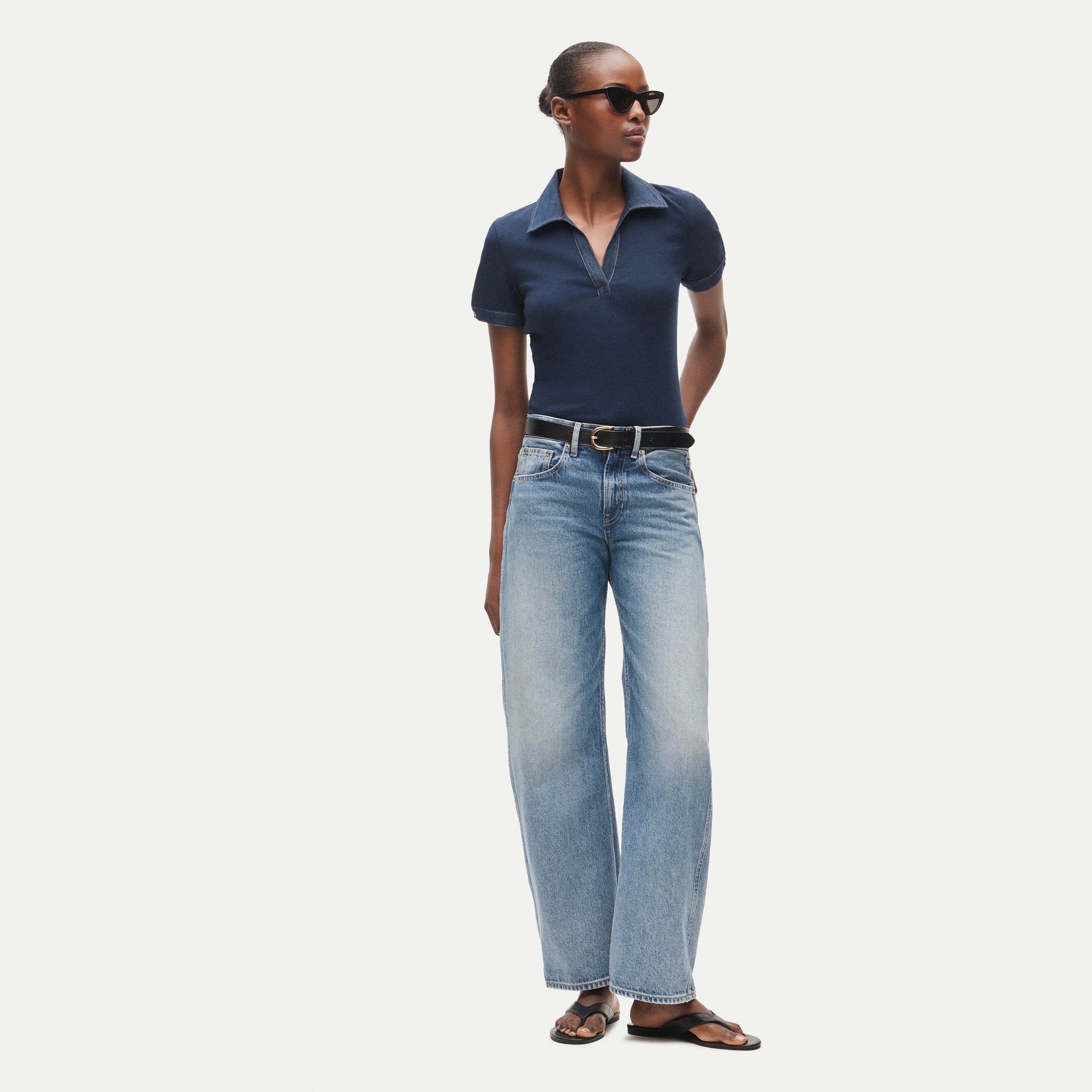 Perfect rib johnny-collar top with denim trim