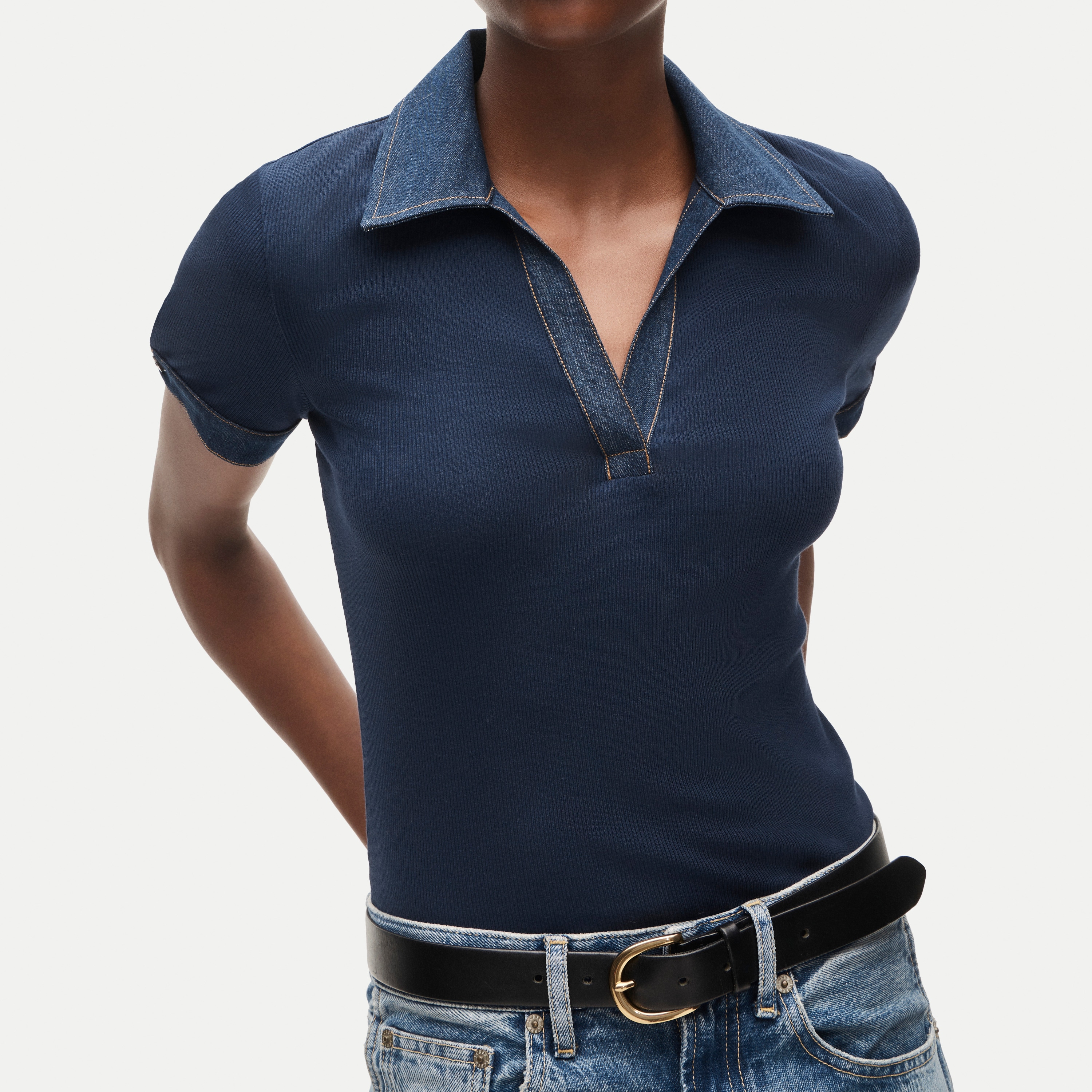 Perfect rib johnny-collar top with denim trim