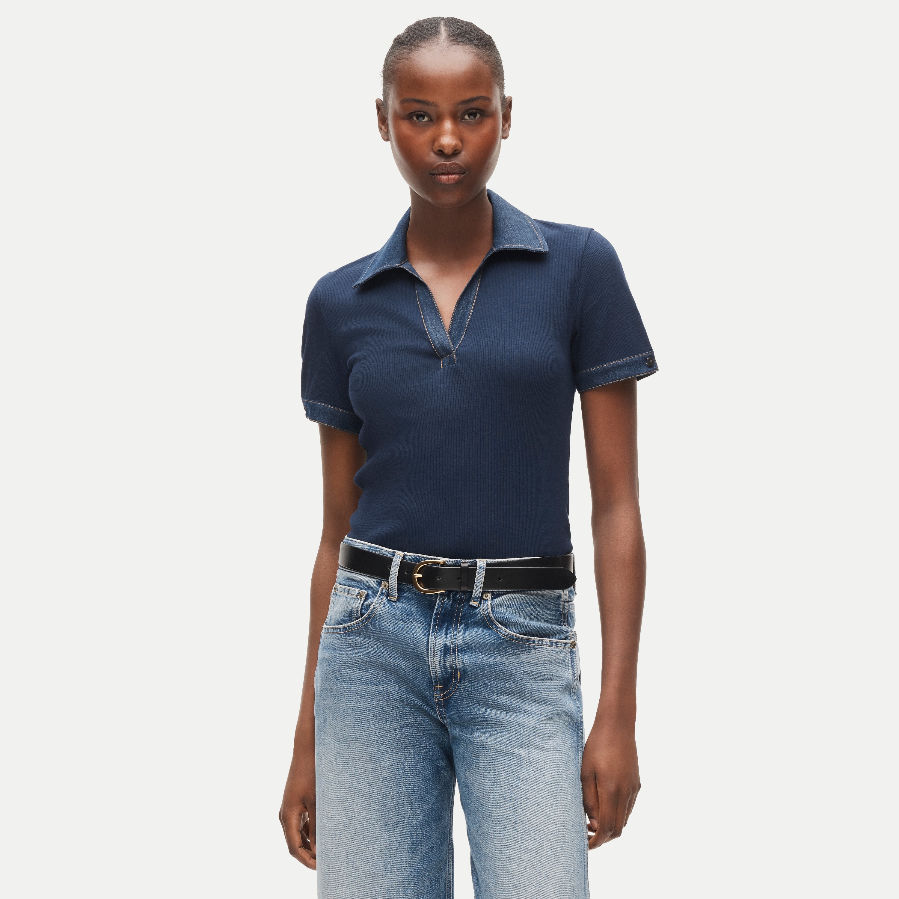 Perfect rib johnny-collar top with denim trim