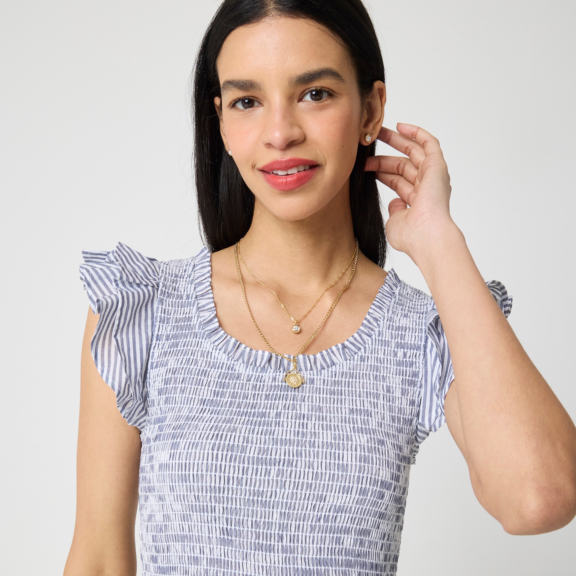 Striped smocked flutter-sleeve midi dress