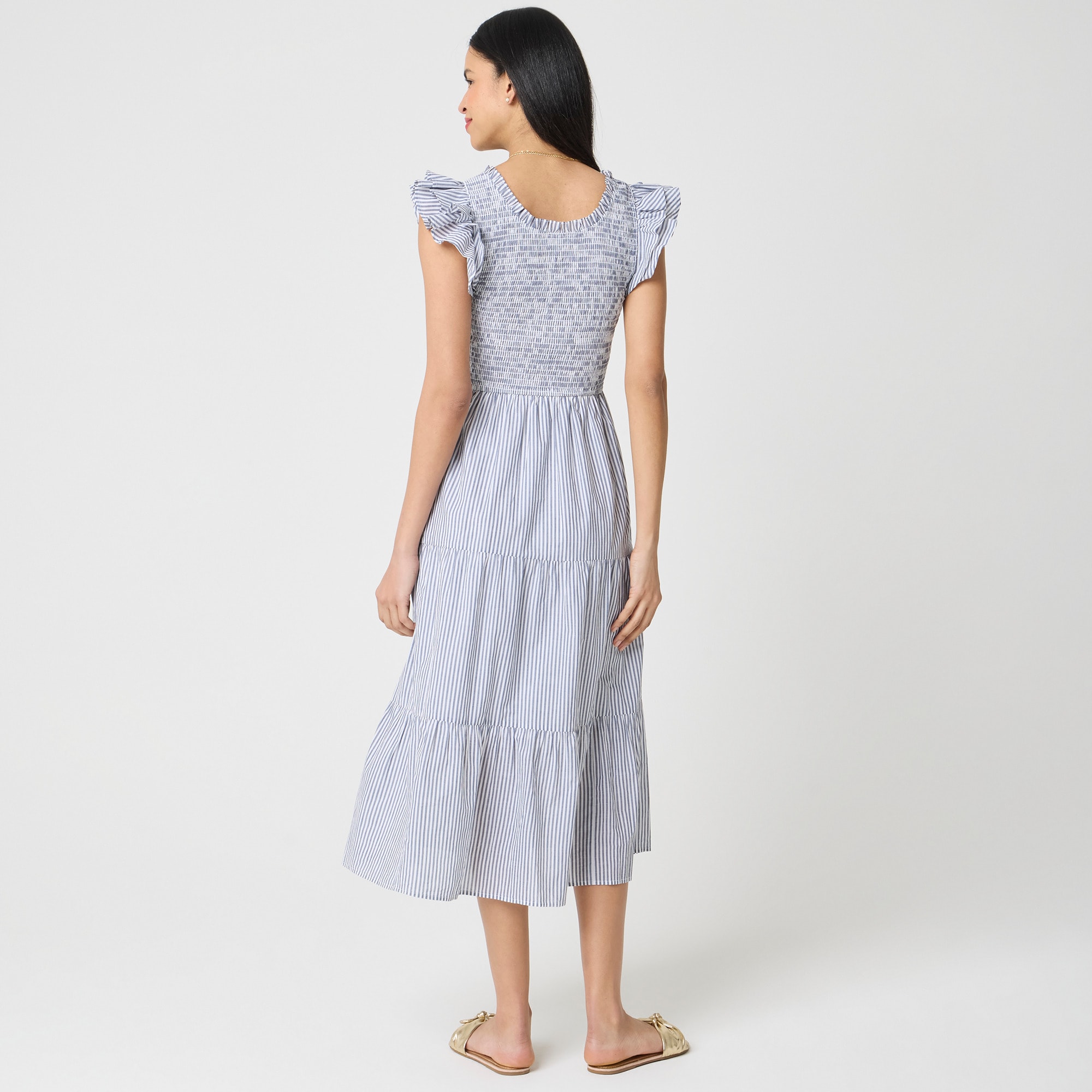 Striped smocked flutter-sleeve midi dress