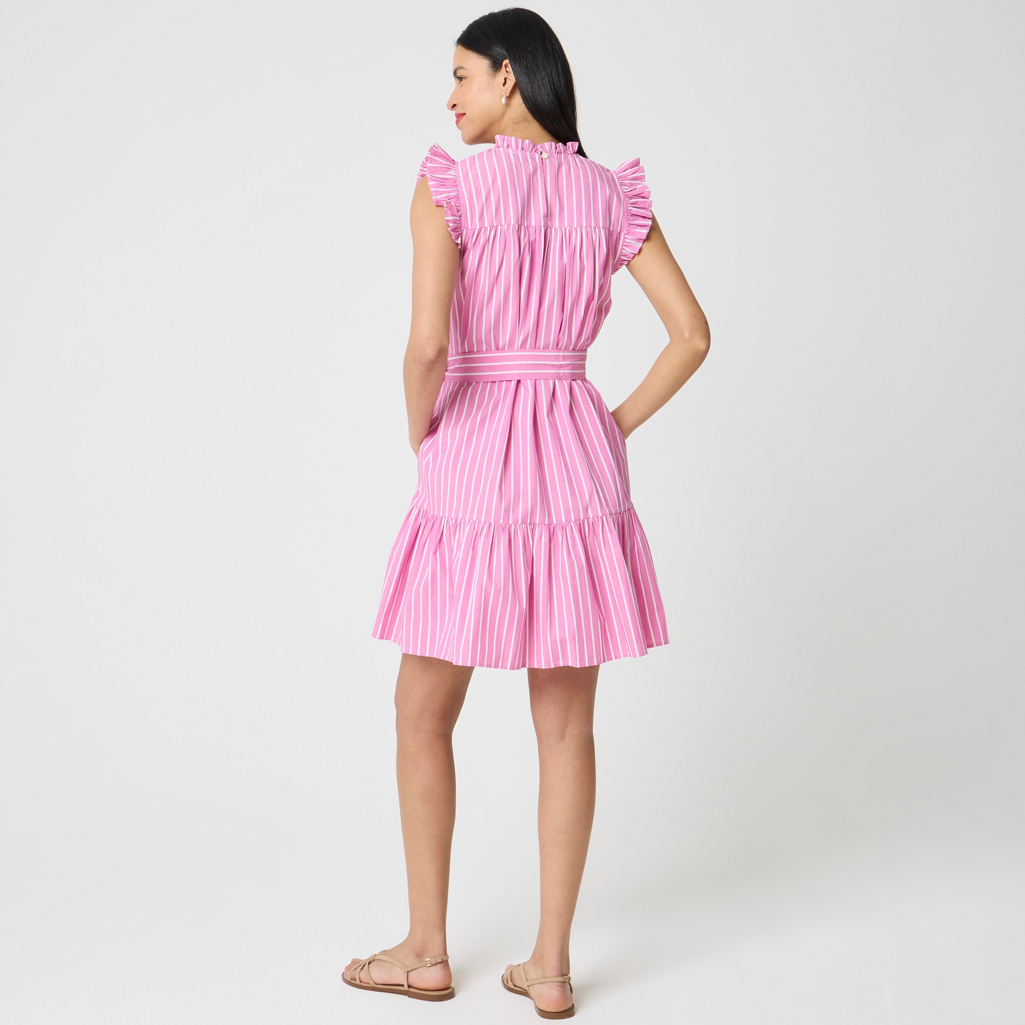 Striped ruffle-sleeve embroidered mini dress
