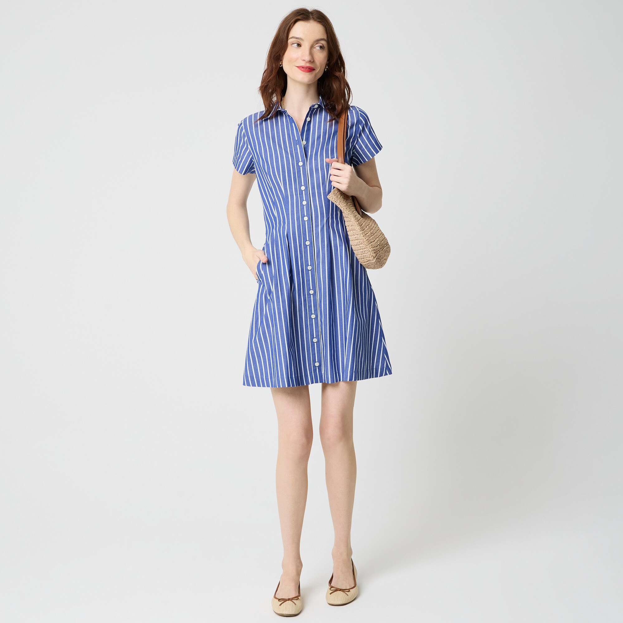 womens Striped poplin pleated shirt-dress