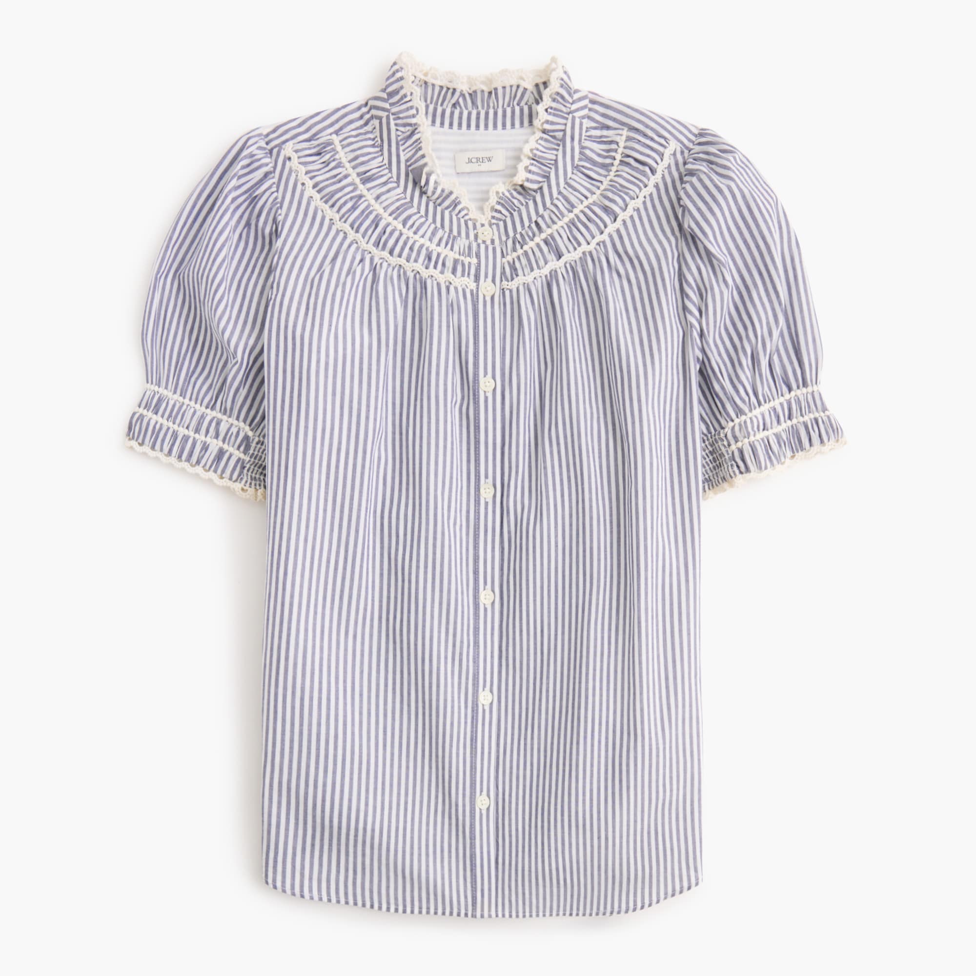 Short-sleeve striped smocked top