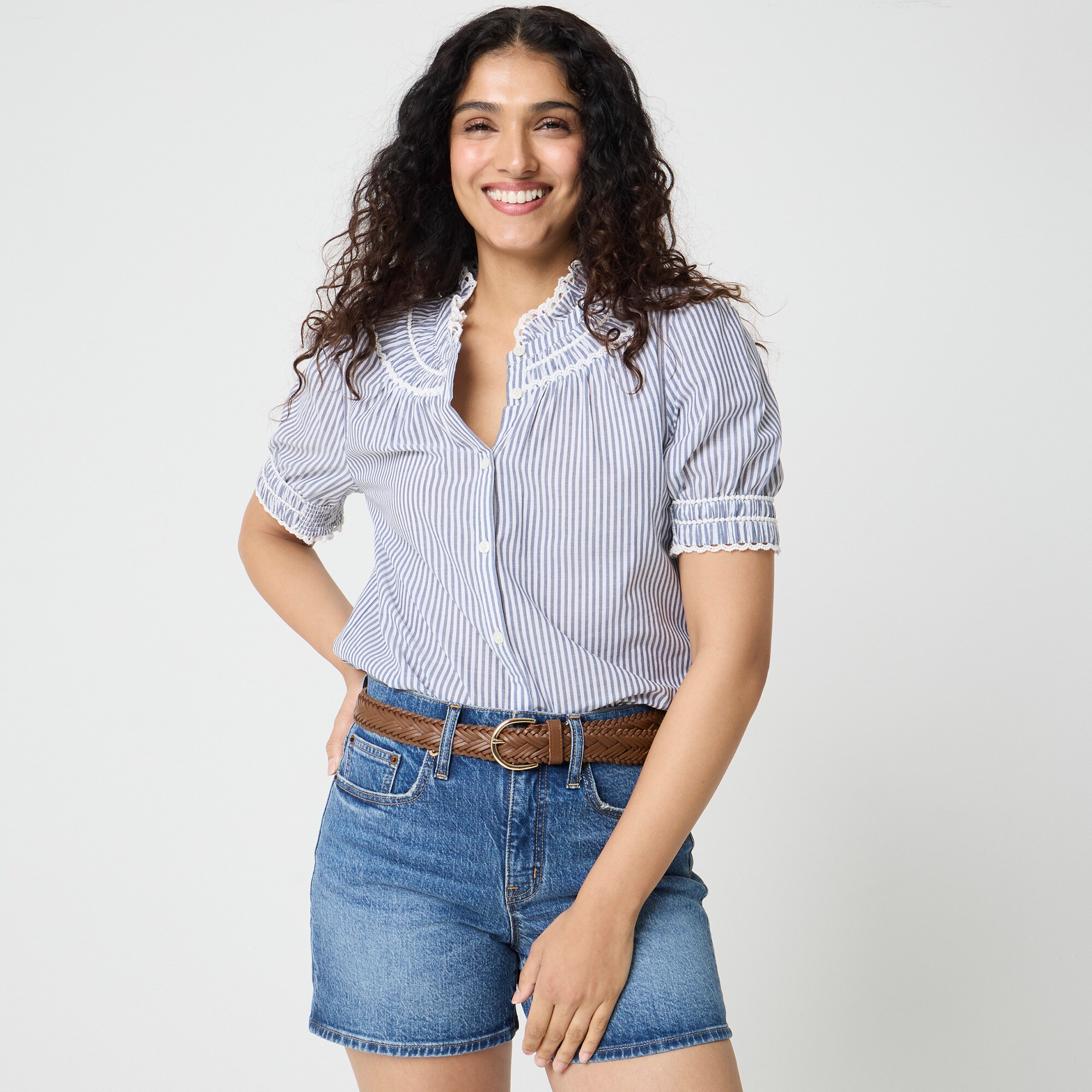 Short-sleeve striped smocked top