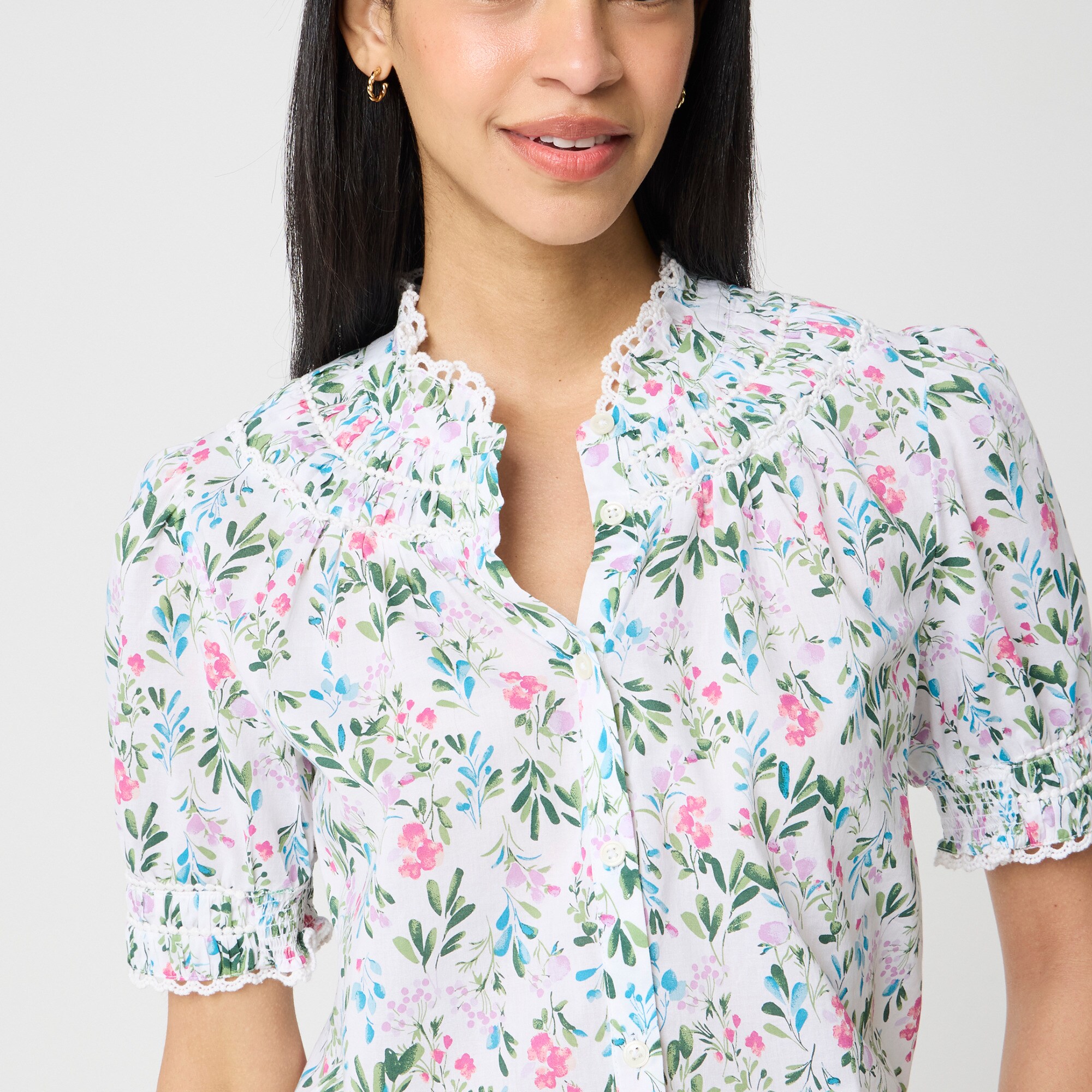 Short-sleeve floral smocked top