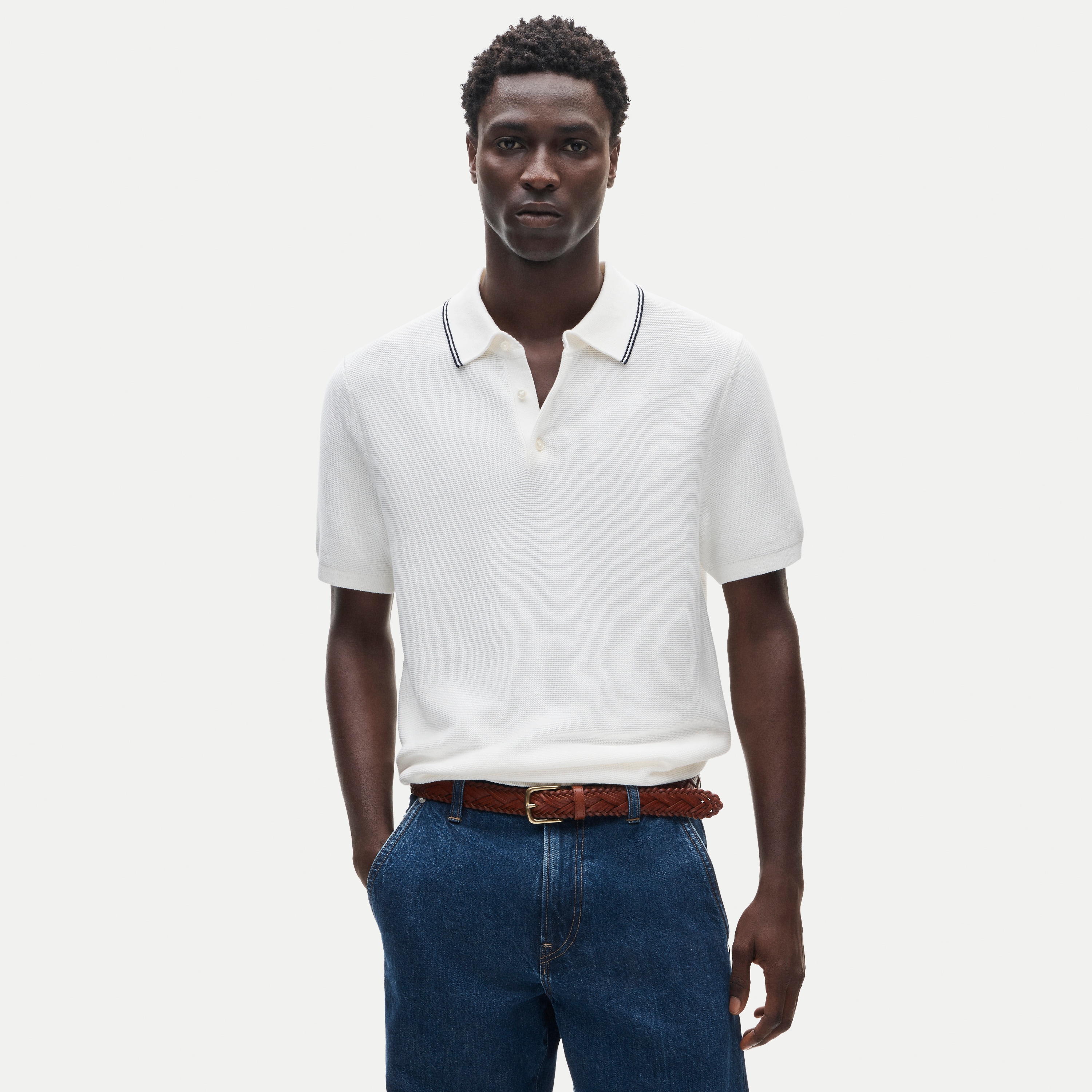 Short-sleeve tipped sweater-polo in Pima cotton