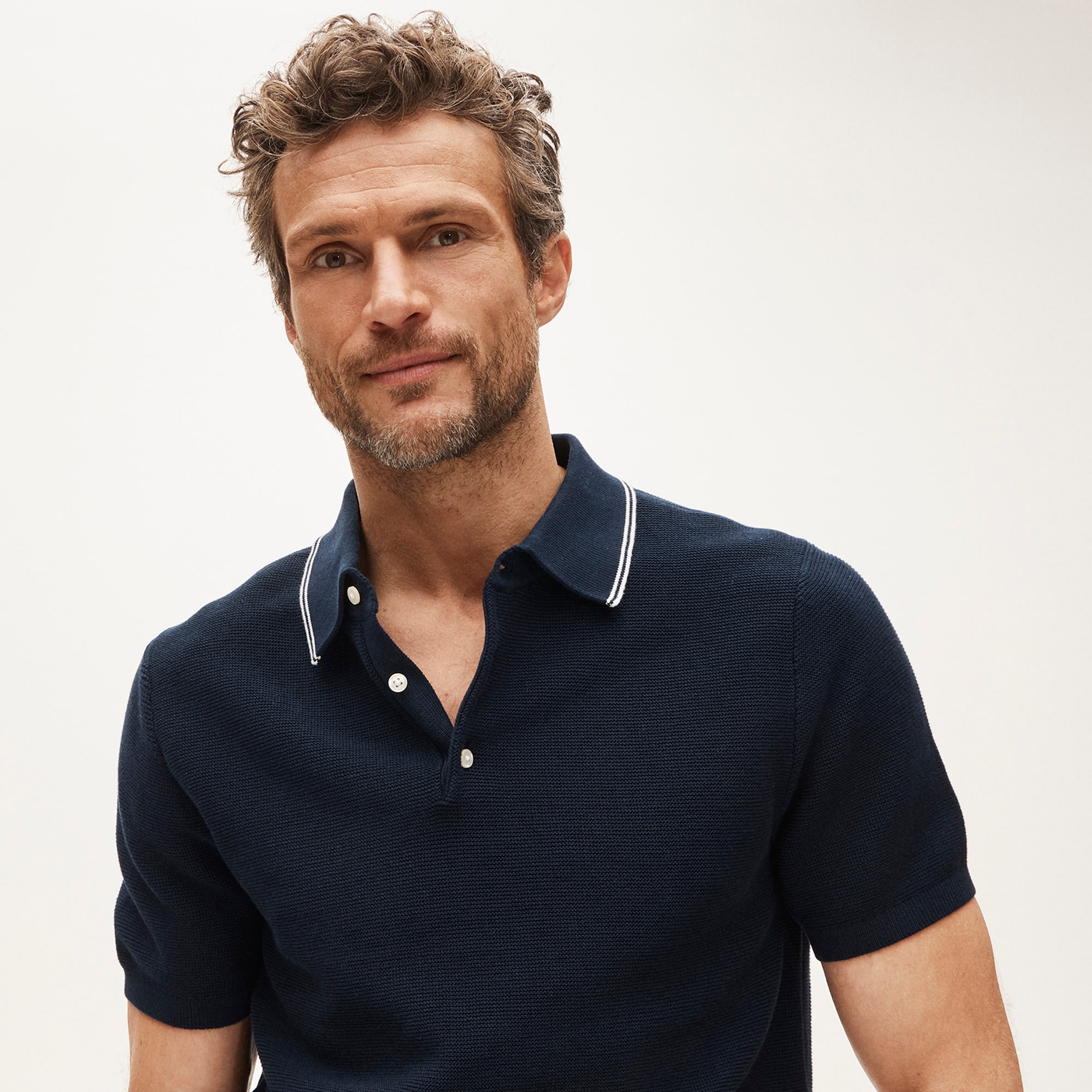 Short-sleeve tipped sweater-polo in Pima cotton