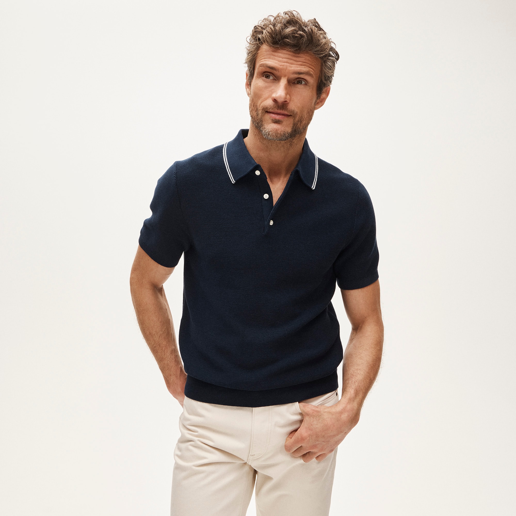 Short-sleeve tipped sweater-polo in Pima cotton