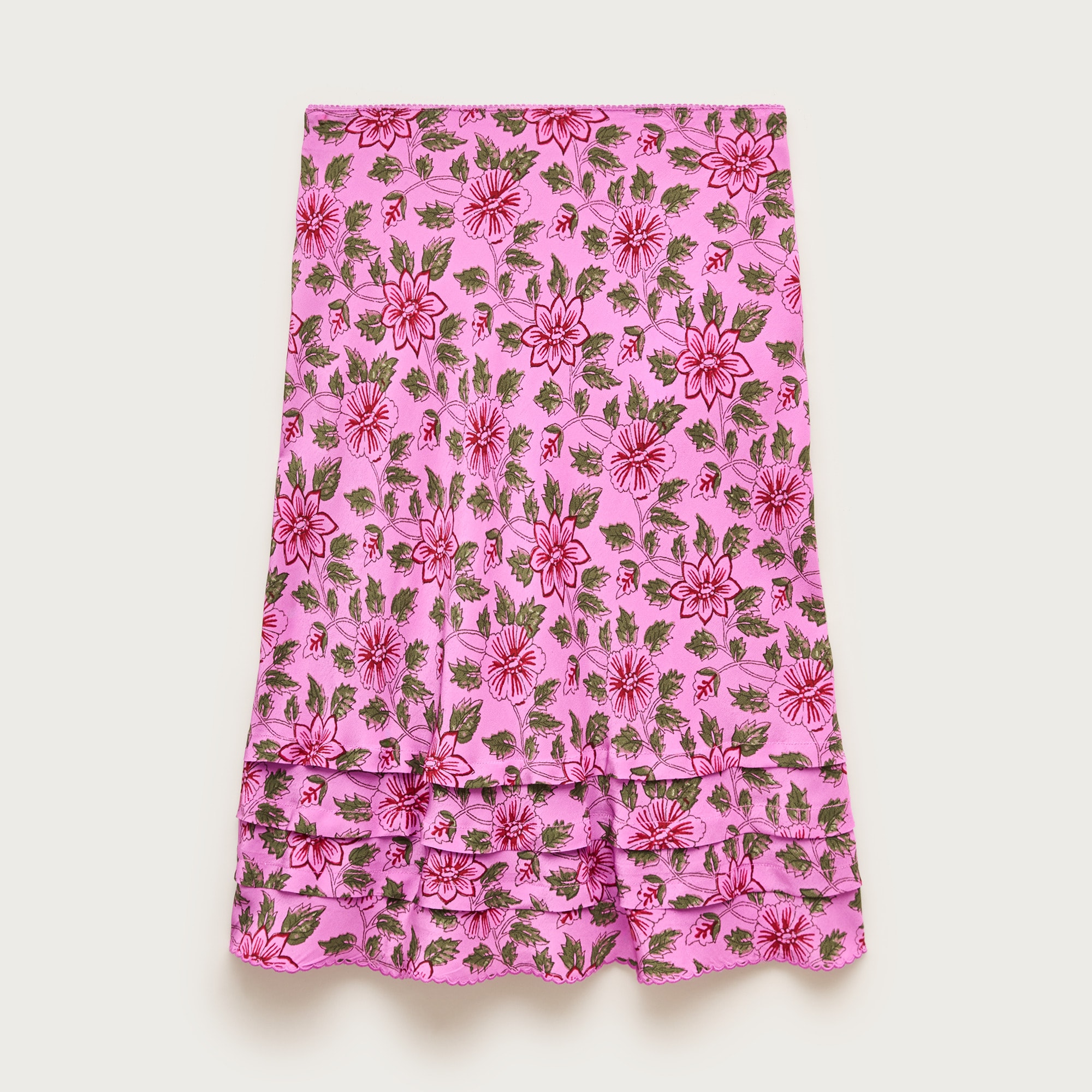 Ruffle-trim slip skirt in floral crepe de chine