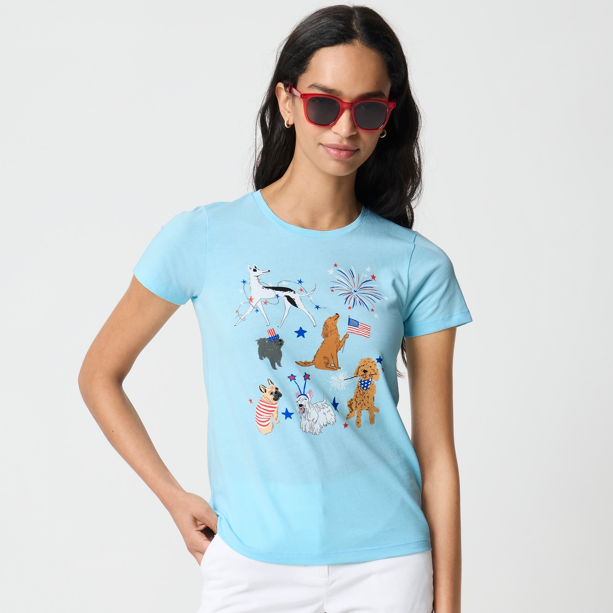Red, white and blue dogs graphic tee