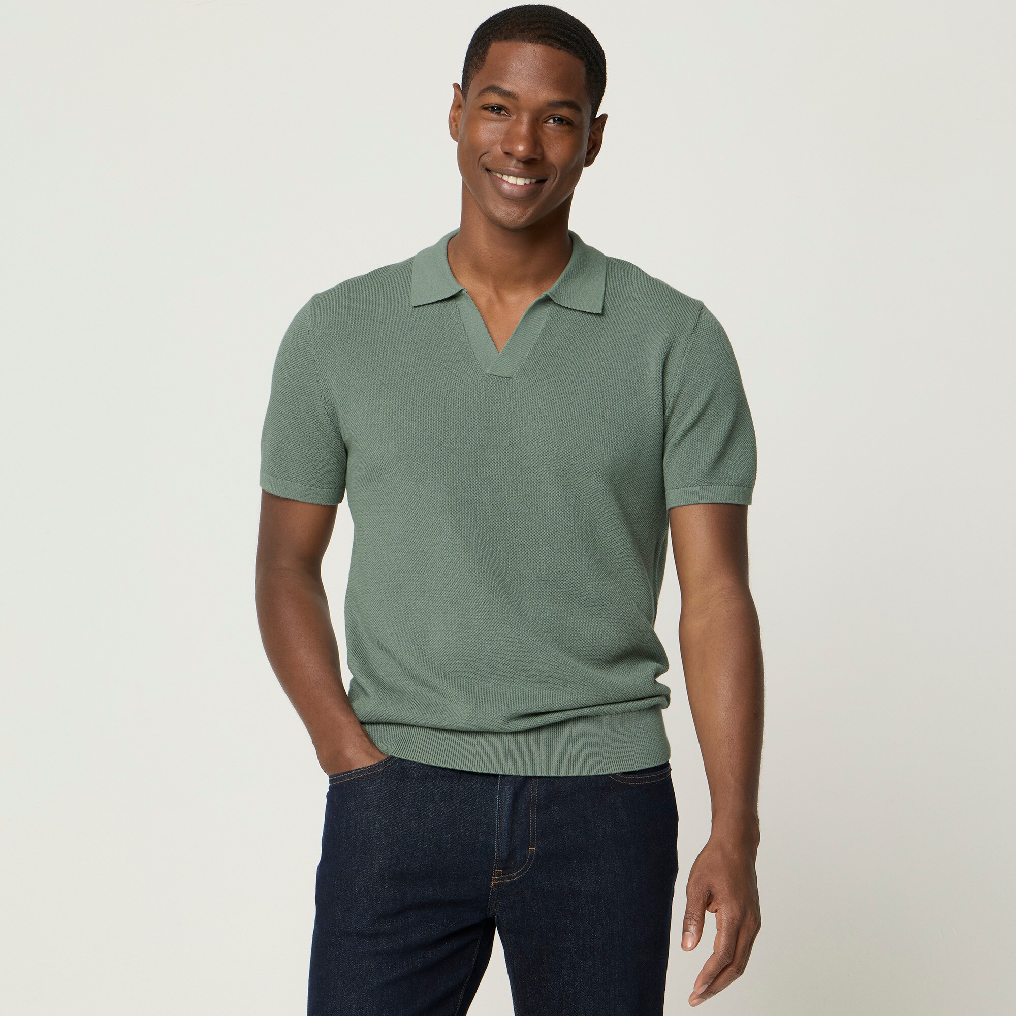 Cotton moss-stitch johnny-collar sweater-polo